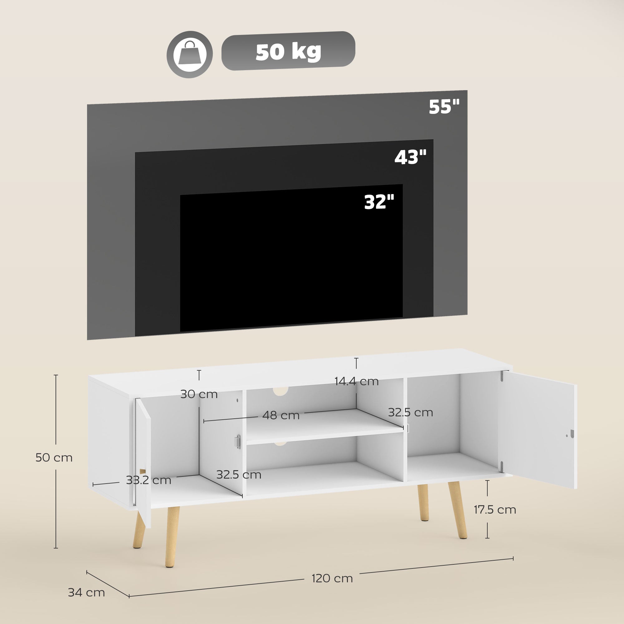HOMCOM TV Unit Cabinet for TVs up to 55 Inches, TV Stand with Storage Shelves and Wood Legs for Living Room, White