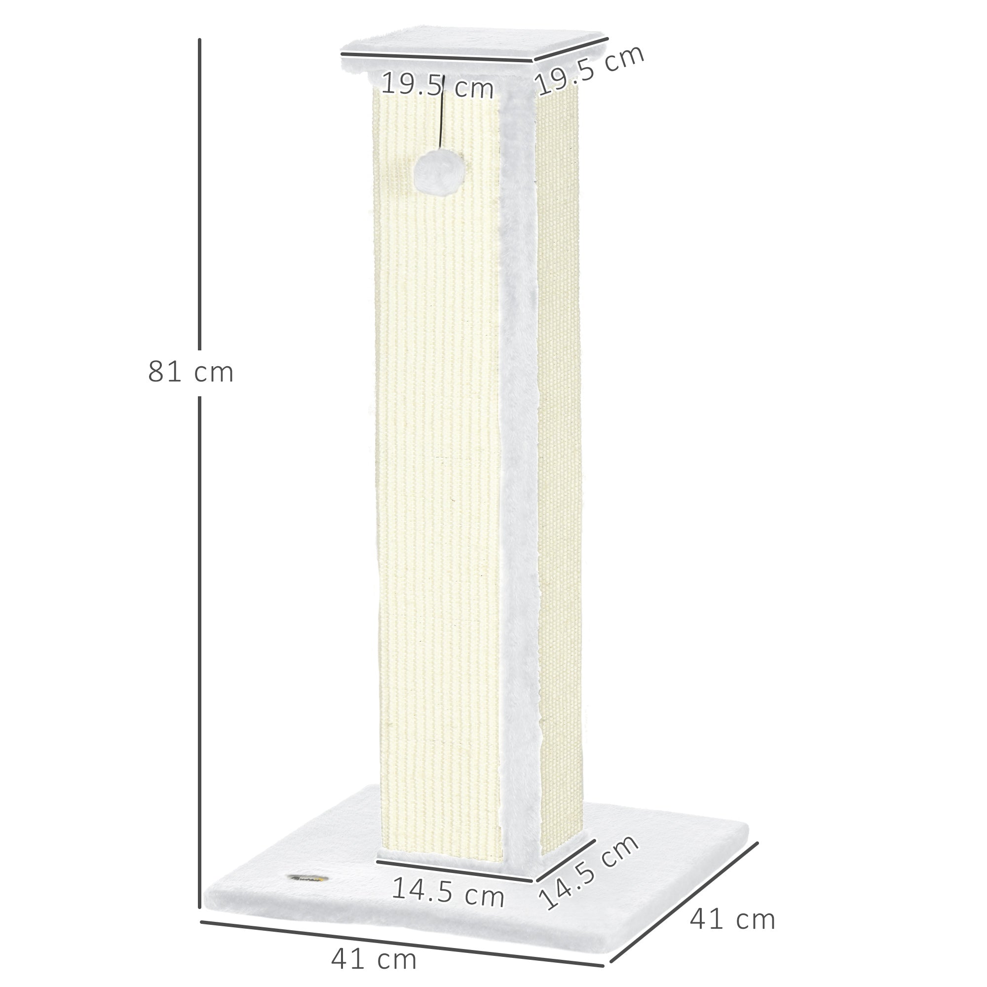 PawHut 81cm Cat Scratcher, Vertical Full Scratcher w/ Natural Sisal Rope, Hanging Ball, Soft Plush - White - North Peak Garden Furniture