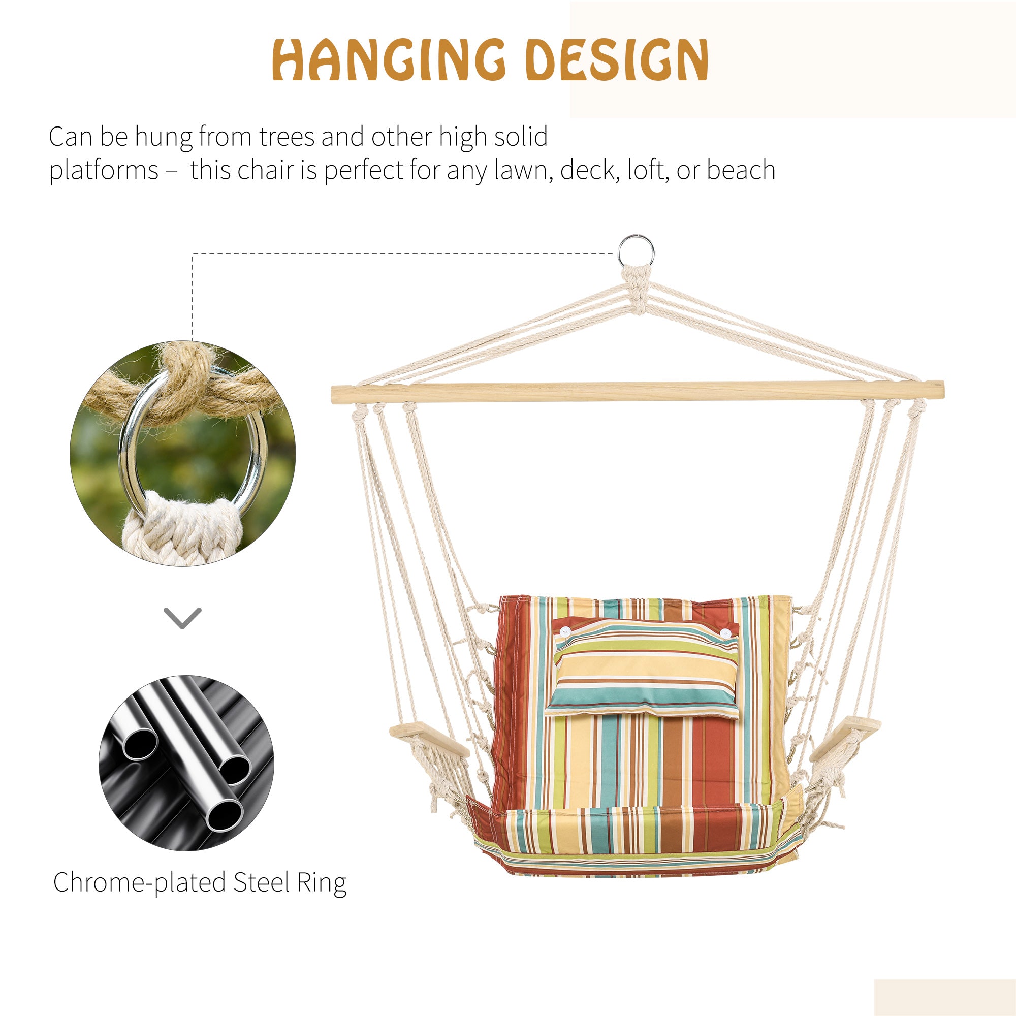 Outsunny Hanging Hammock Chair Swing Chair Thick Rope Frame Safe Wide Seat Indoor Outdoor Home, Patio, Yard, Garde Spot Stylish Multi-Color Stripe - North Peak Garden Furniture