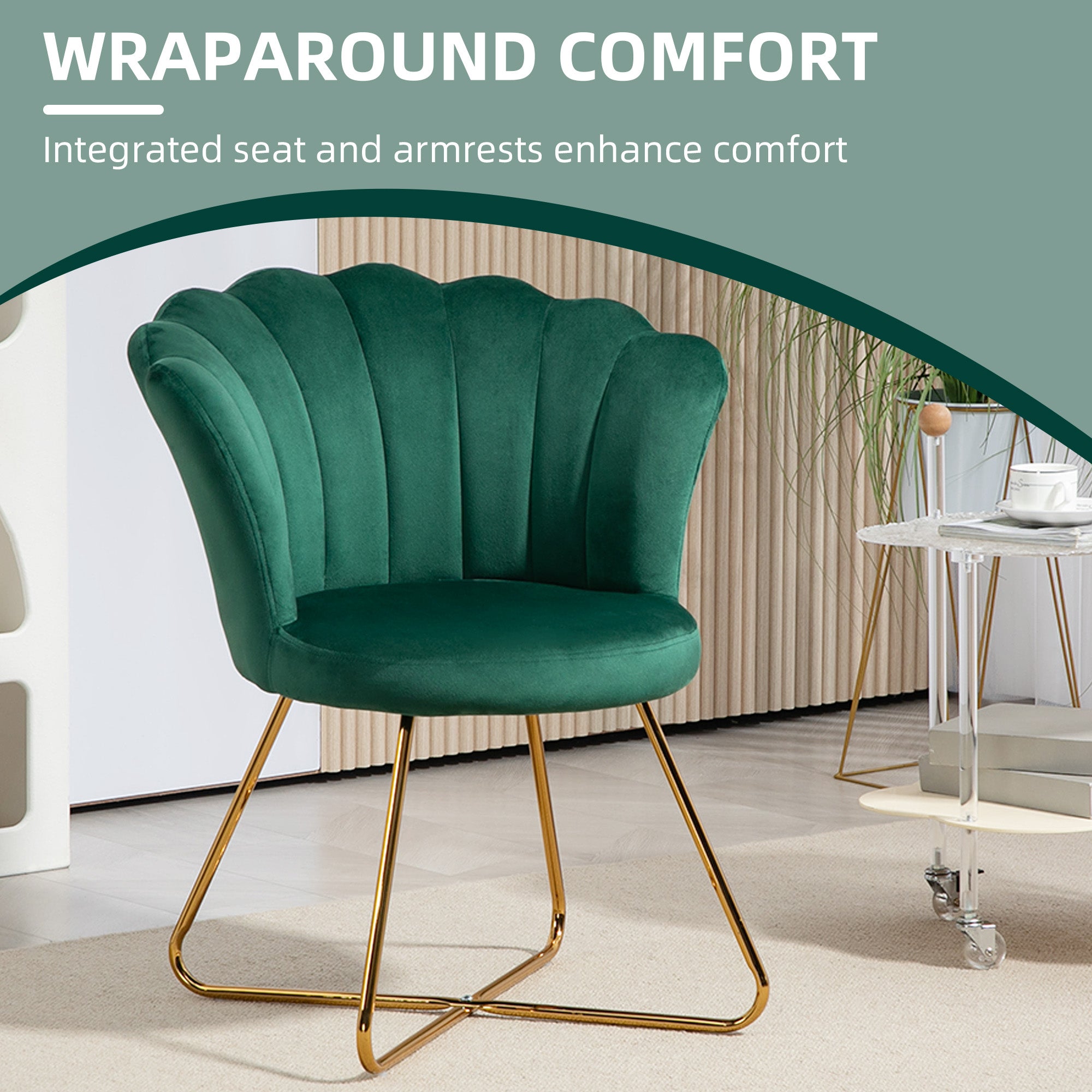 HOMCOM Velvet-Feel Lotus Petal Accent Chair - Green - North Peak Garden Furniture