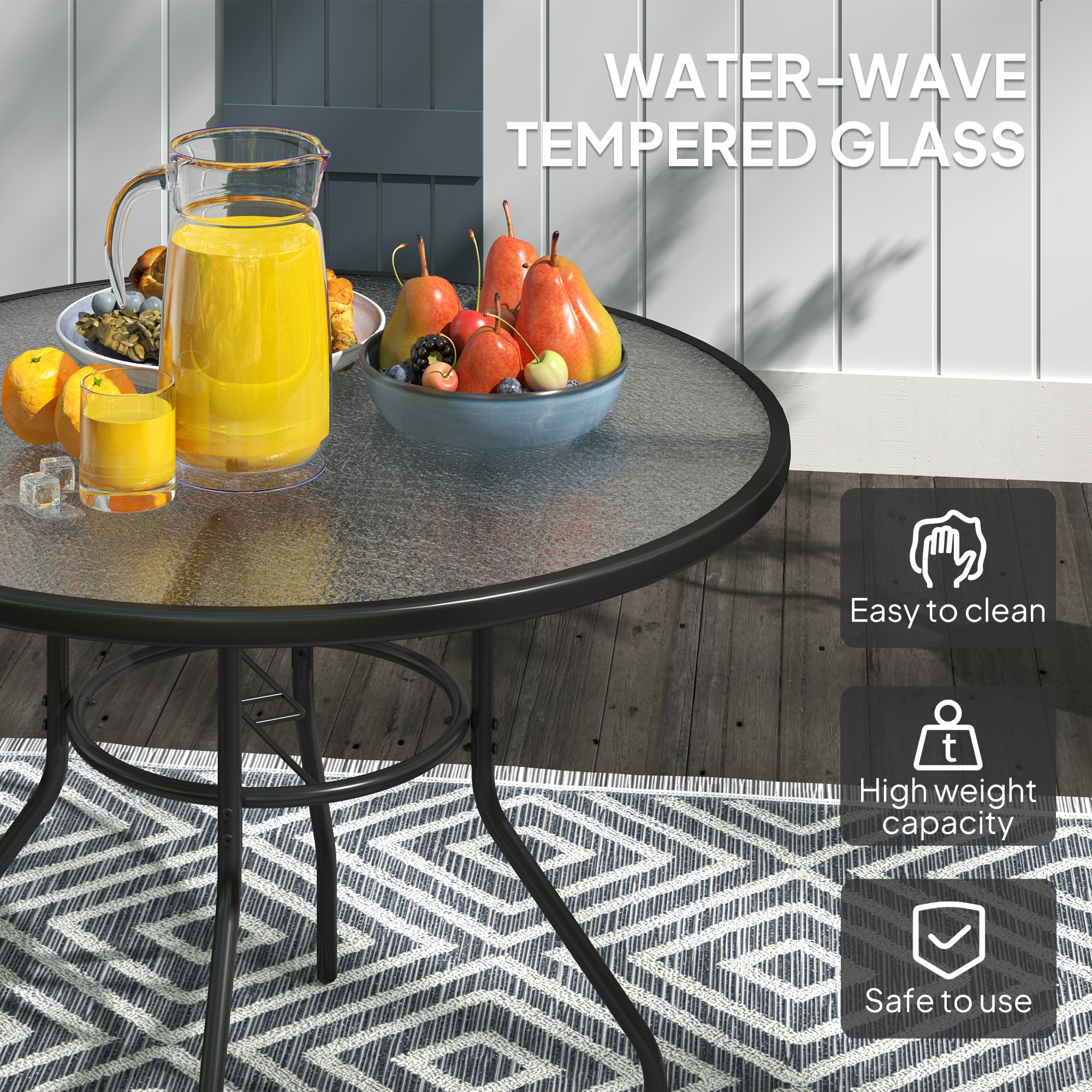 Outsunny 100 cm Round Dining Table with Parasol Hole, Outdoor Coffee End Side Table with Tempered Glass Top, Steel Frame for Garden, Black - North Peak Garden Furniture