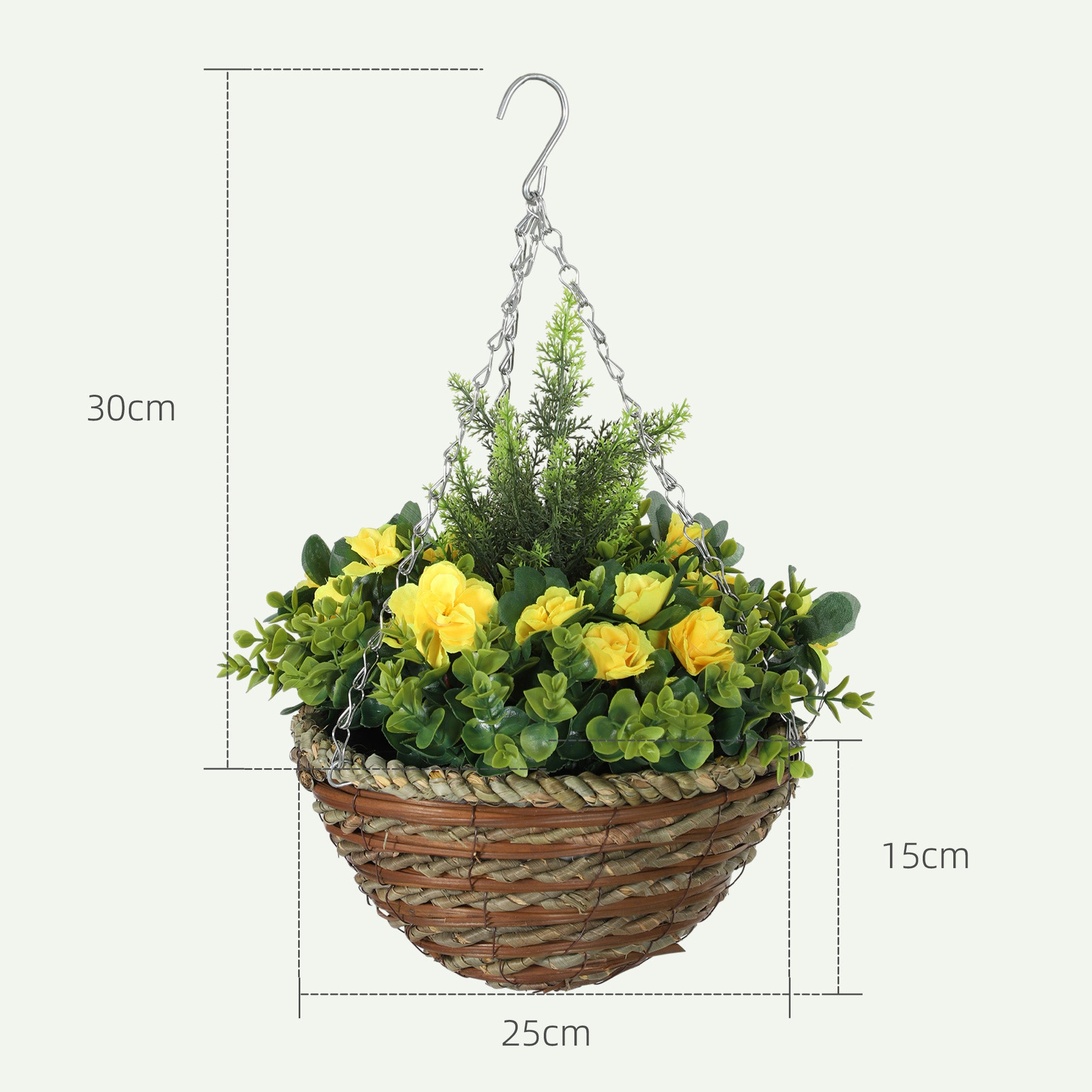 Outsunny Pack of 2 Faux Plant Artificial Lisianthus Flowers Hanging Planter with Basket for Indoor Outdoor Decoration, Yellow - North Peak Garden Furniture