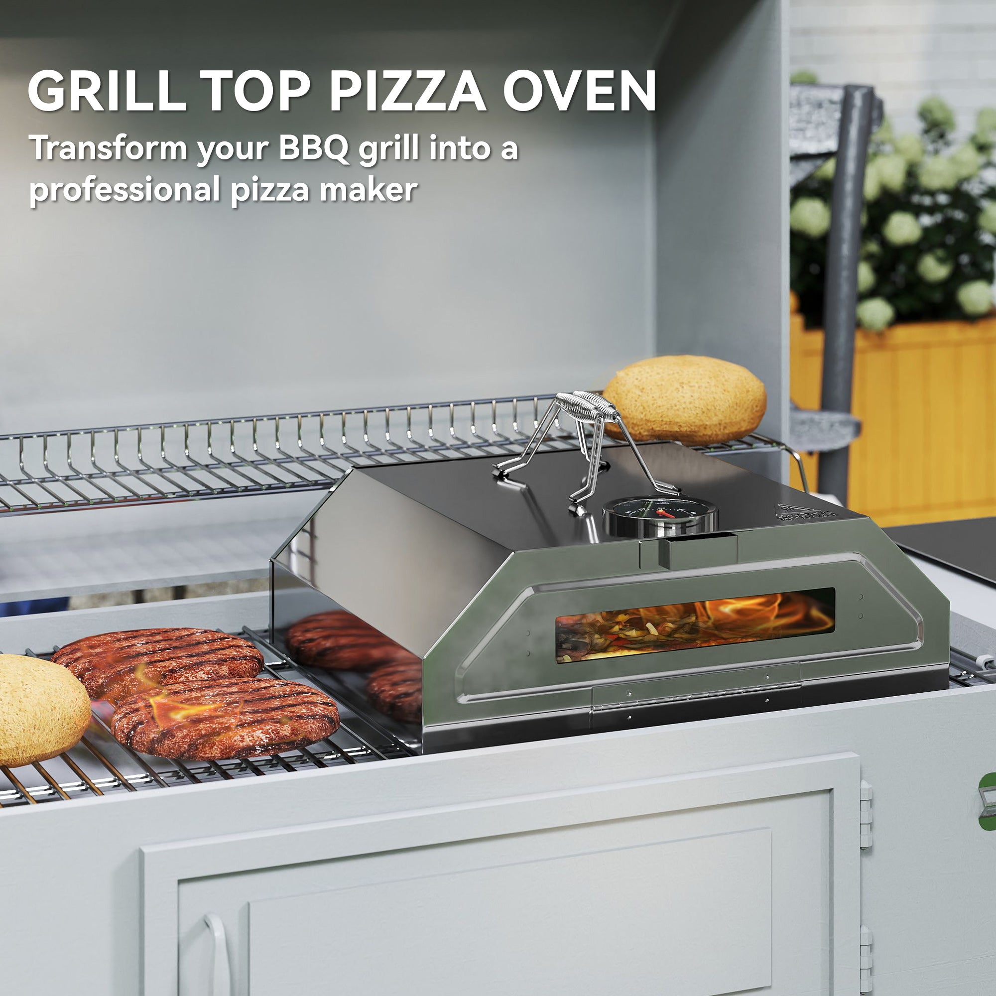 Outsunny 8 in Portable Stainless Steel BBQ Grill Top Pizza Oven with Built-in Thermometer and Viewing Window for Gas and Charcoal BBQ Grills, Includes Carry Handles, Pizza Stone and Peel, Silver Tone - North Peak Garden Furniture
