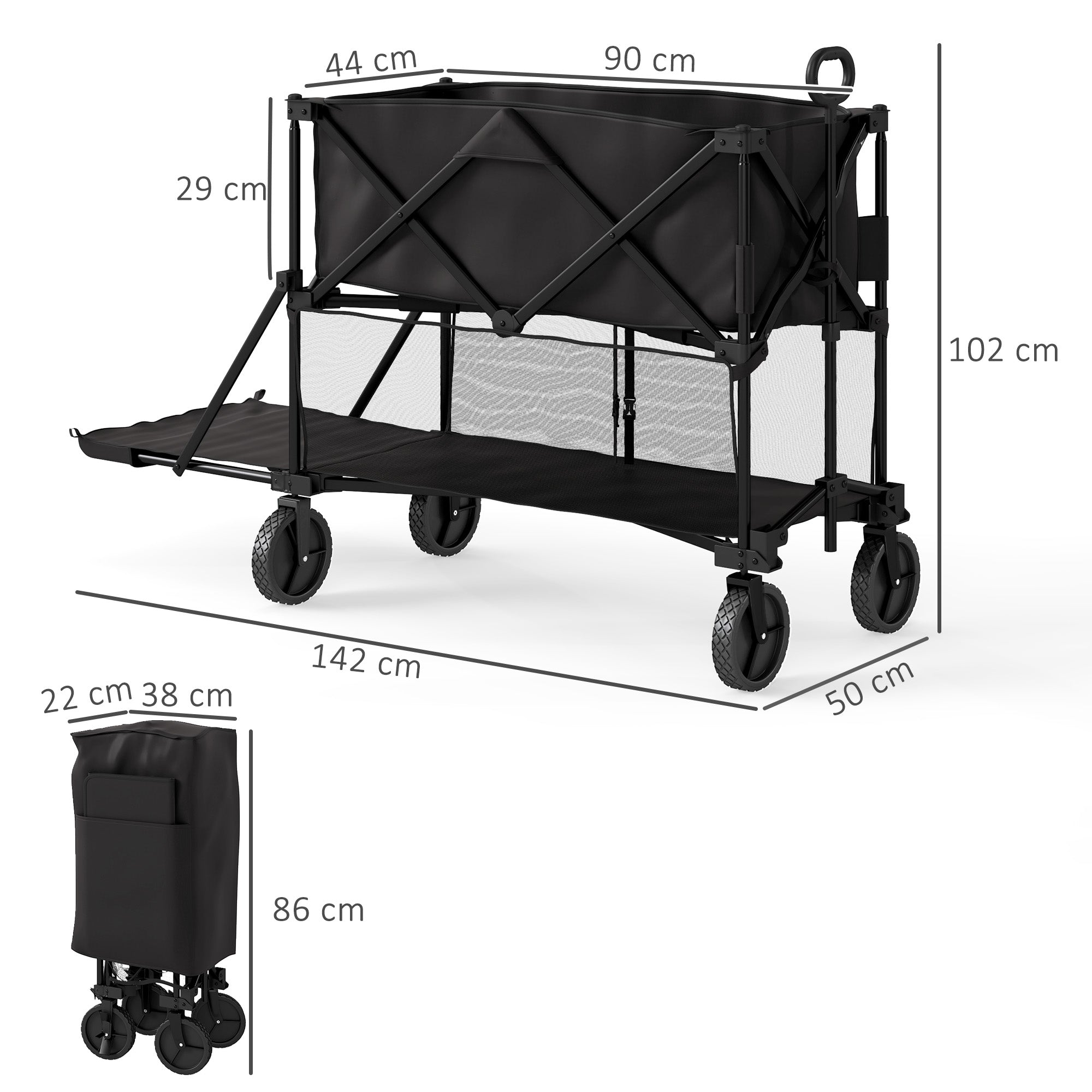 Outsunny Double Decker Folding Trolley on Wheels, 200KG & 350L Capacity Collapsible Wagon Festival Trolley Cart with 134cm Extended for Camping Sports Shopping Garden and Beach, Black - North Peak Garden Furniture