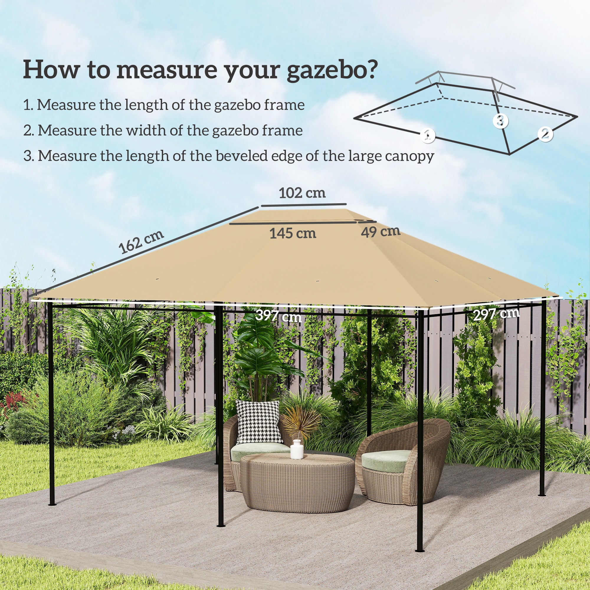 Outsunny 3 x 4m Gazebo Canopy Replacement Cover, Gazebo Roof Replacement (TOP COVER ONLY), Khaki