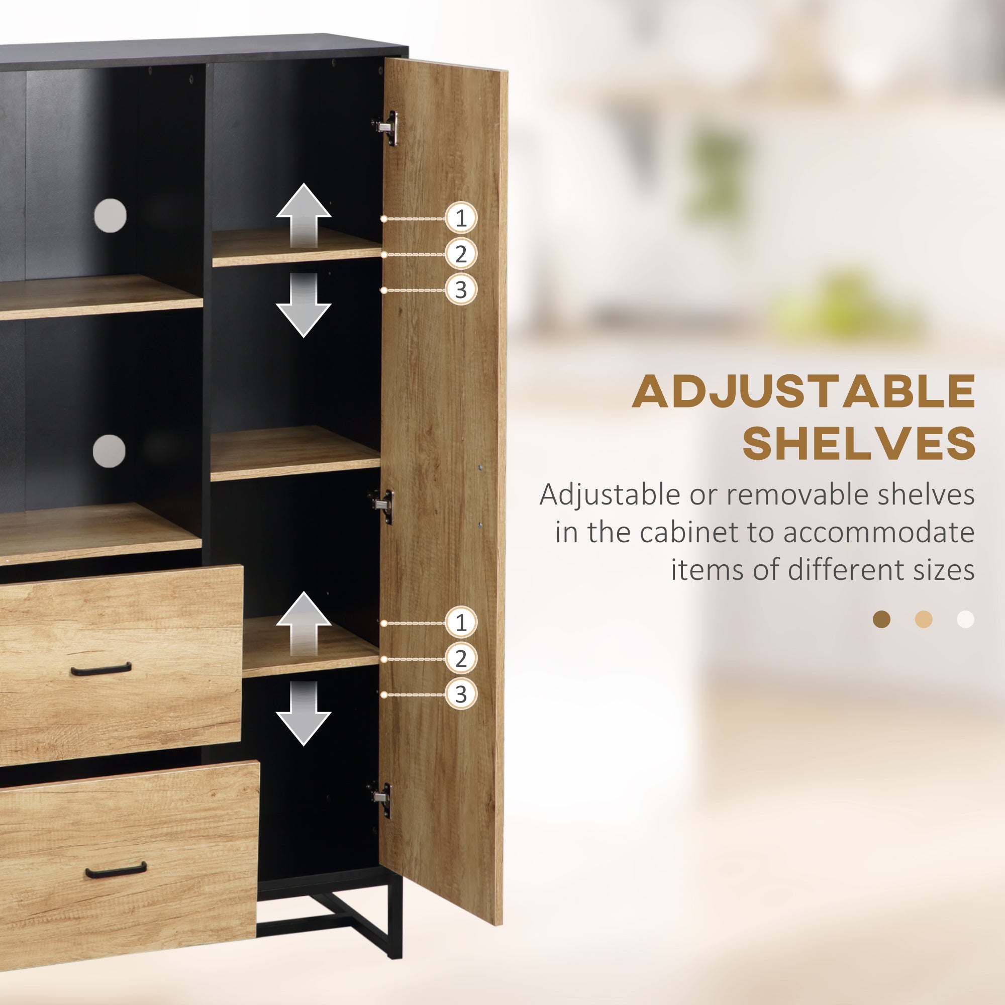 HOMCOM Kitchen Cupboard, Freestanding Storage Cabinet with Soft Close Door, Microwave Stand with Adjustable Shelves and Drawers, for Living Room, Dining Room, 160cm, Natural and Black - North Peak Garden Furniture