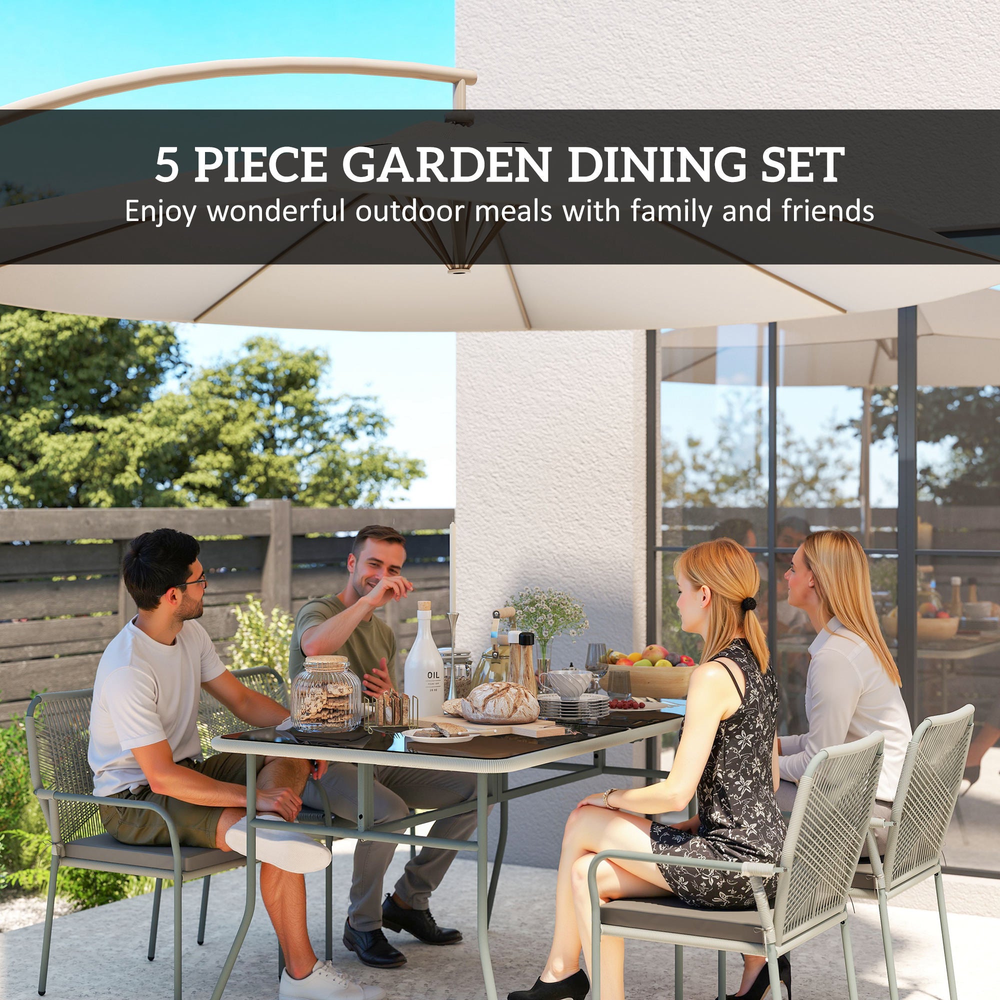 Outsunny Five-Piece PE Rattan Garden Dining Set with Cushions & Stackable Chairs - Light Grey - North Peak Garden Furniture