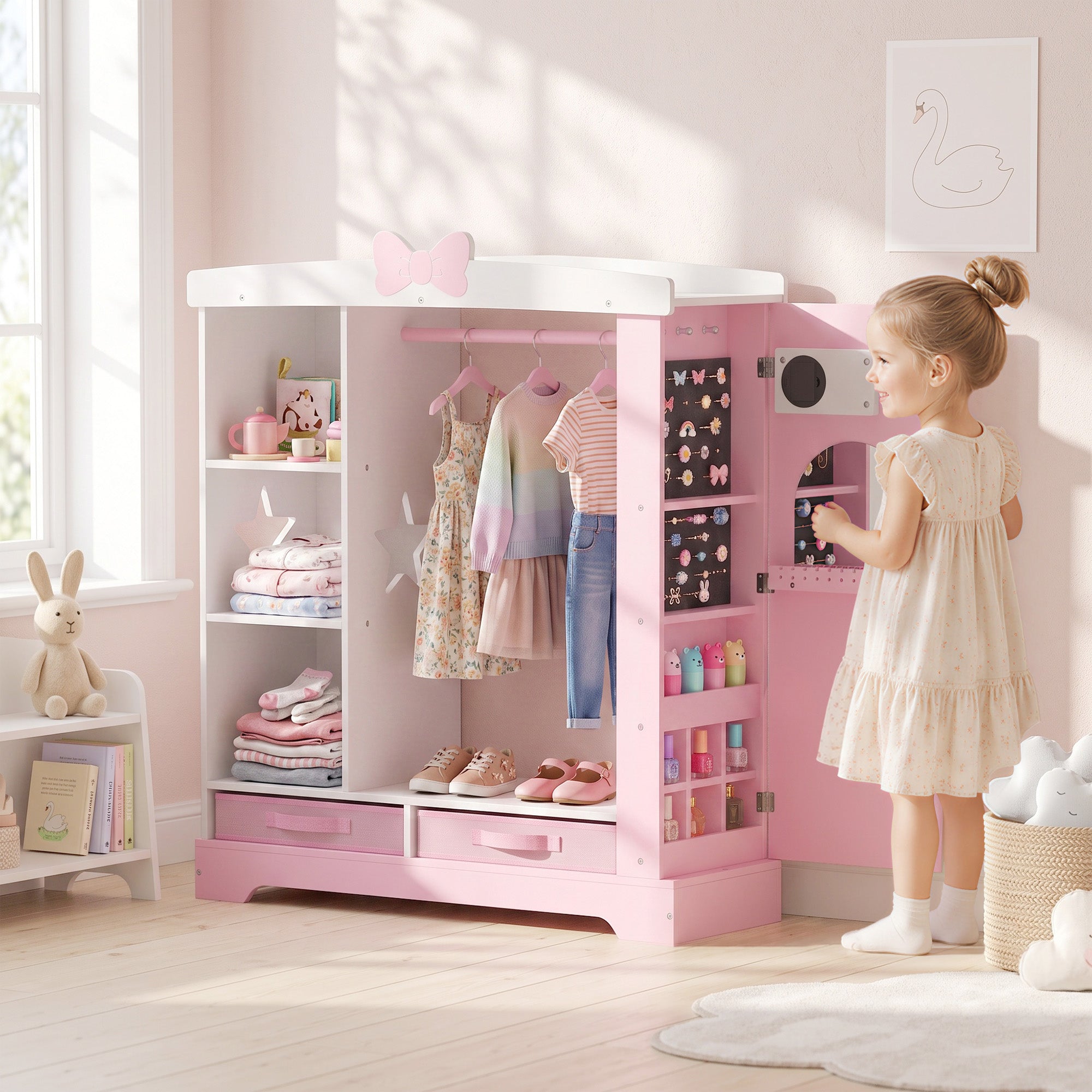 AIYAPLAY Kids Wardrobe with Lighted Mirror, Clothes Rail, Jewelry Cabinet, Shelves, Storage Boxes for Bedroom, Nursery, Pink