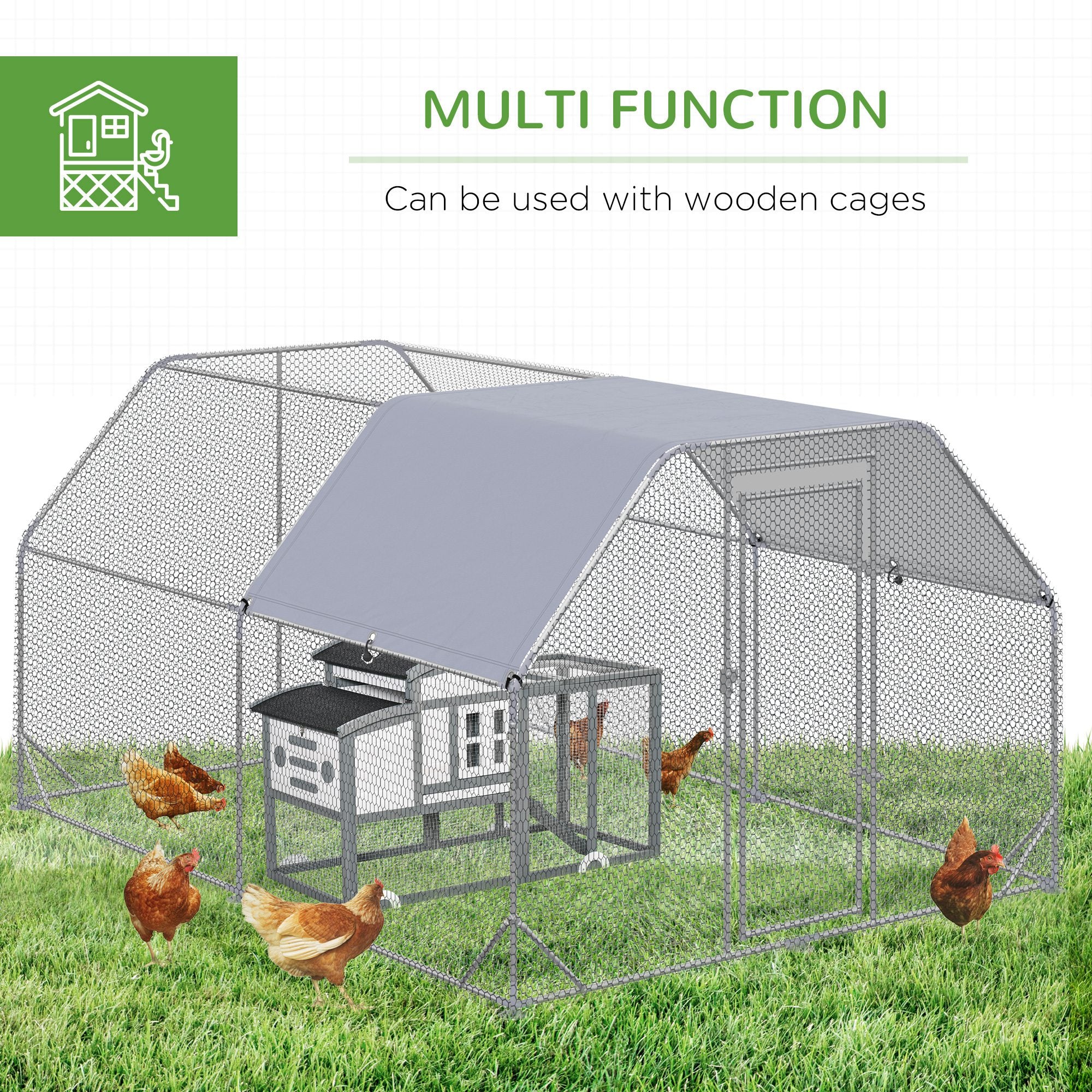 PawHut Walk in Chicken Run Chicken Coop Hen House Outdoor with Roof for 10-12 Chickens, 380 x 280 x 195cm - North Peak Garden Furniture