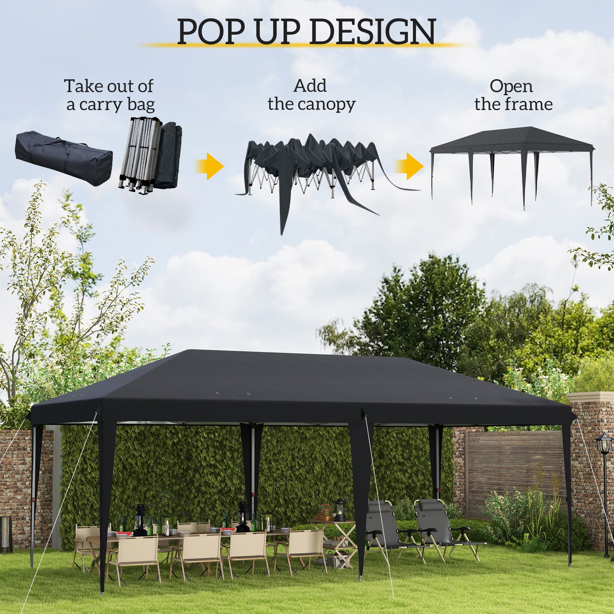 Outsunny 3 x 6 m Pop Up Gazebo, Foldable Canopy Tent, Height Adjustable Wedding Awning Canopy w/ Carrying Bag, Black - North Peak Garden Furniture