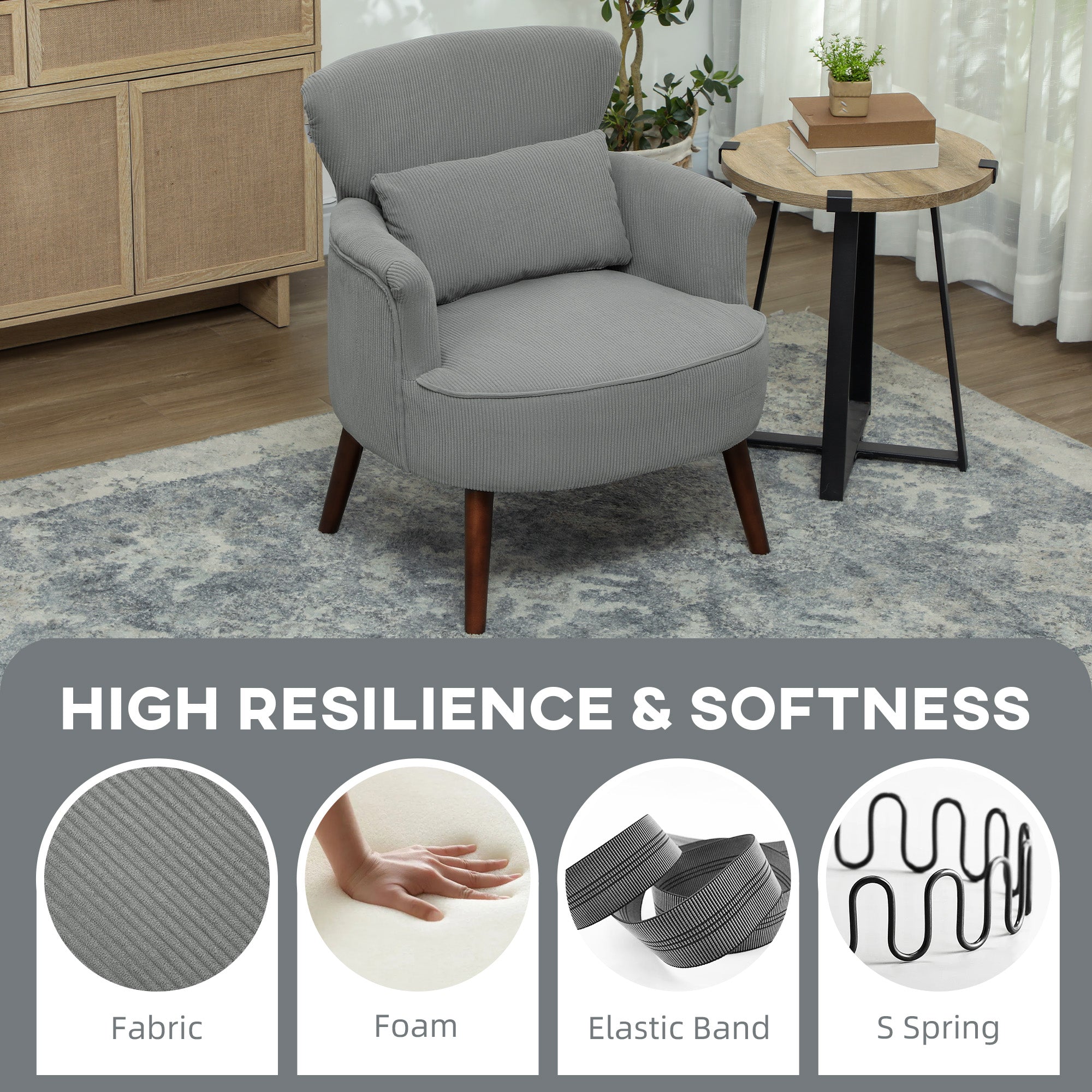 HOMCOM Corduroy Retro Accent Chair - Light Grey - North Peak Garden Furniture