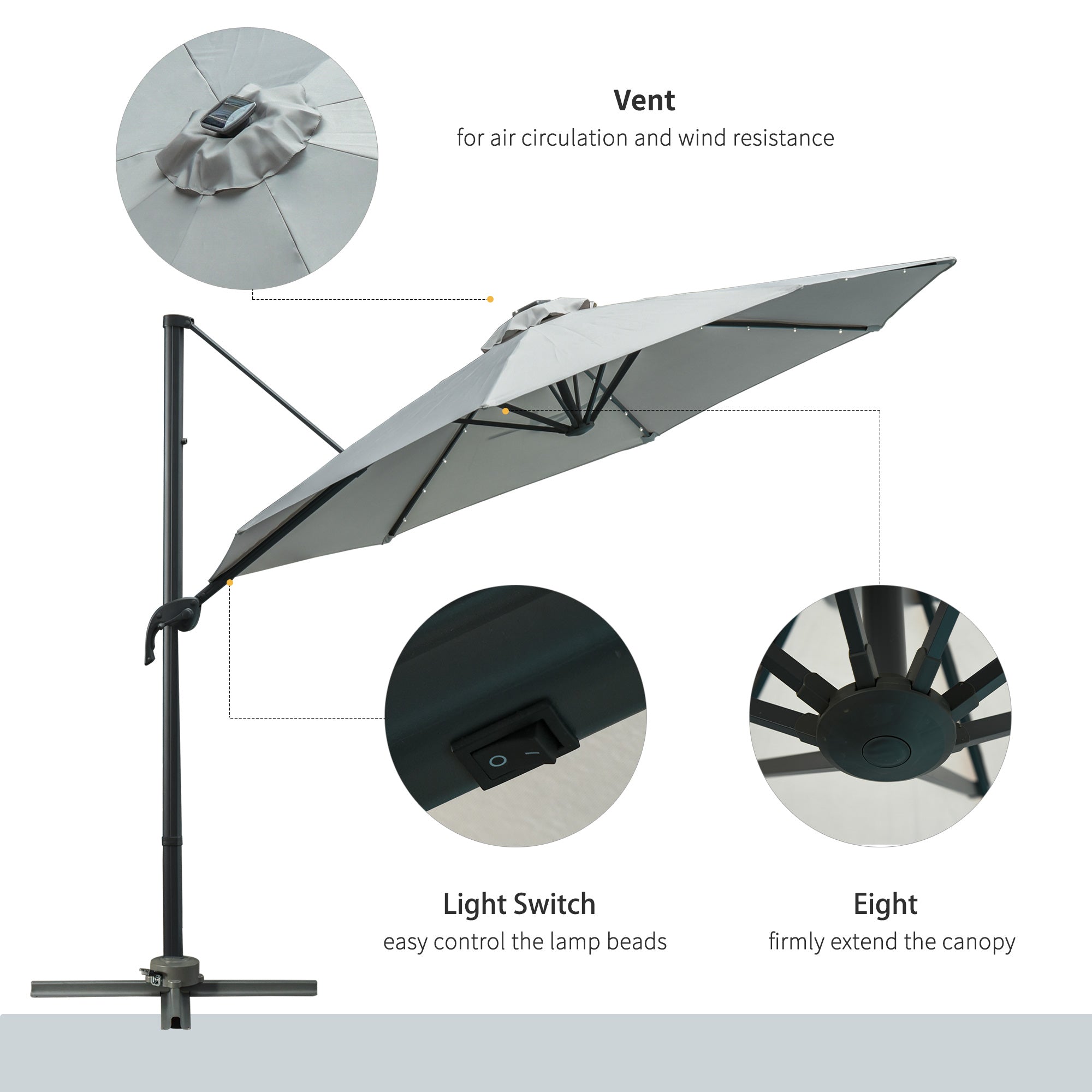 Outsunny 3(m) LED Cantilever Parasol Garden Sun Umbrella w/ Cross Base and Solar Lights Grey - North Peak Garden Furniture