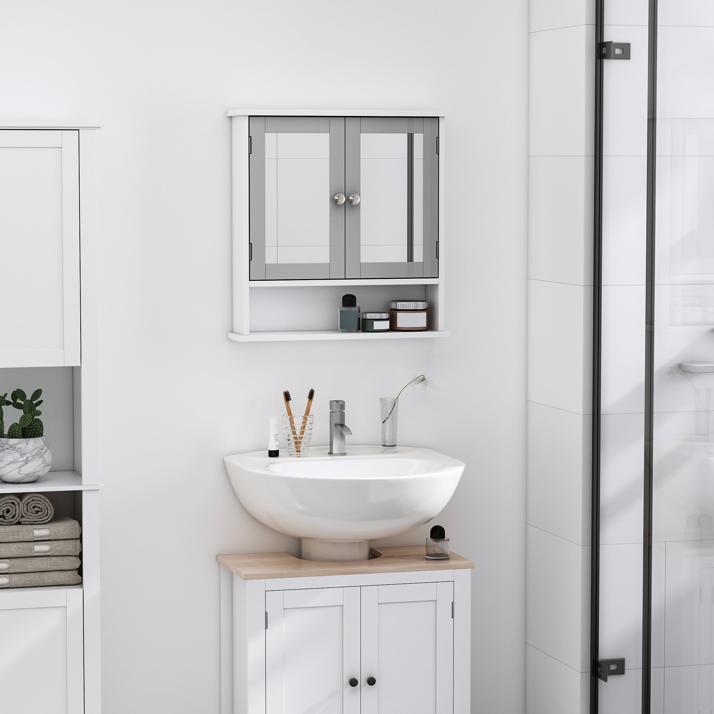 kleankin Mirror Cabinet Wall Mounted with Double Mirrored Doors, Hanging Cabinet with Cupboard and Shelf, Bathroom Wall Storage Organizer, Grey - North Peak Garden Furniture