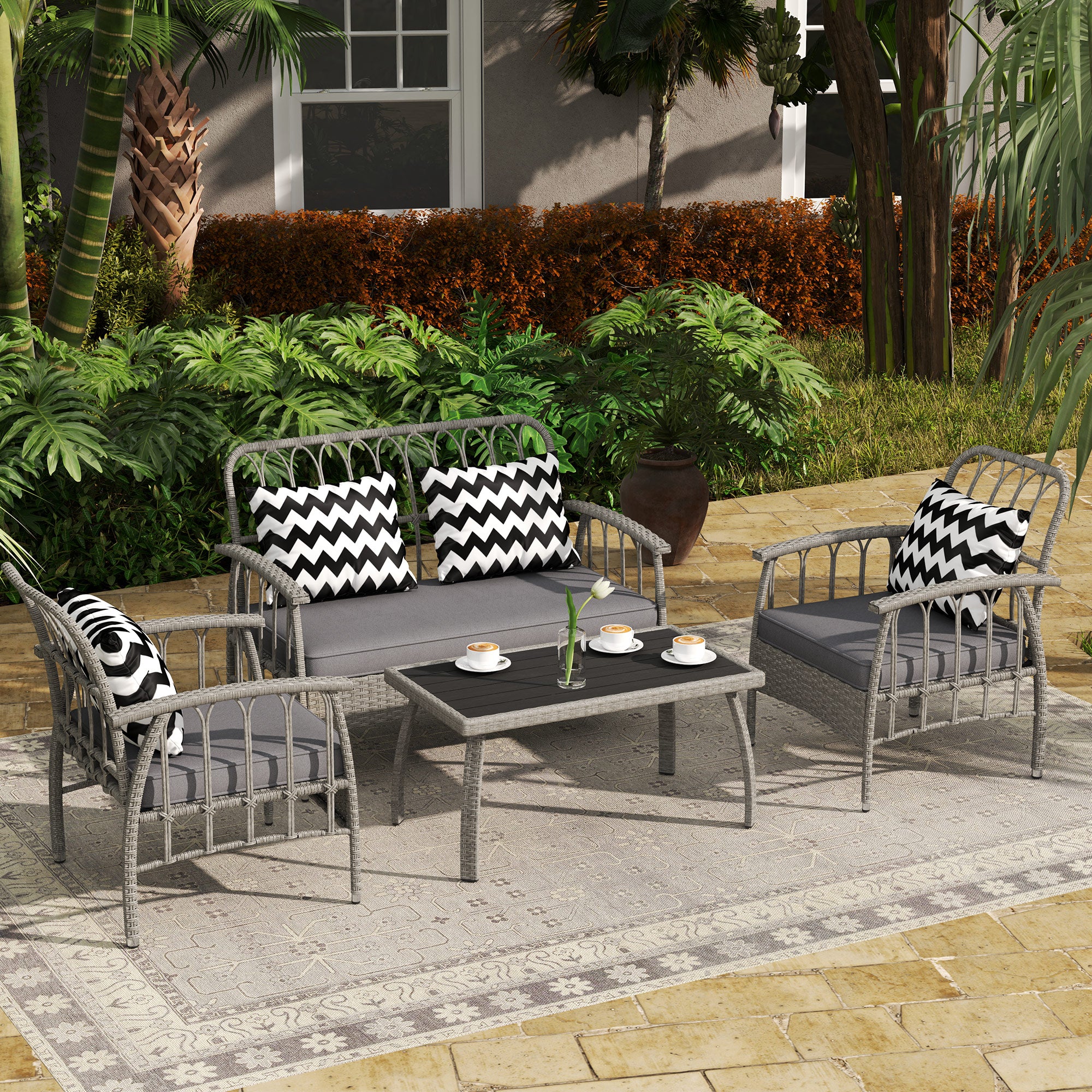 Outsunny Four-Piece Rattan Cut-Out Sofa Set - Grey - North Peak Garden Furniture