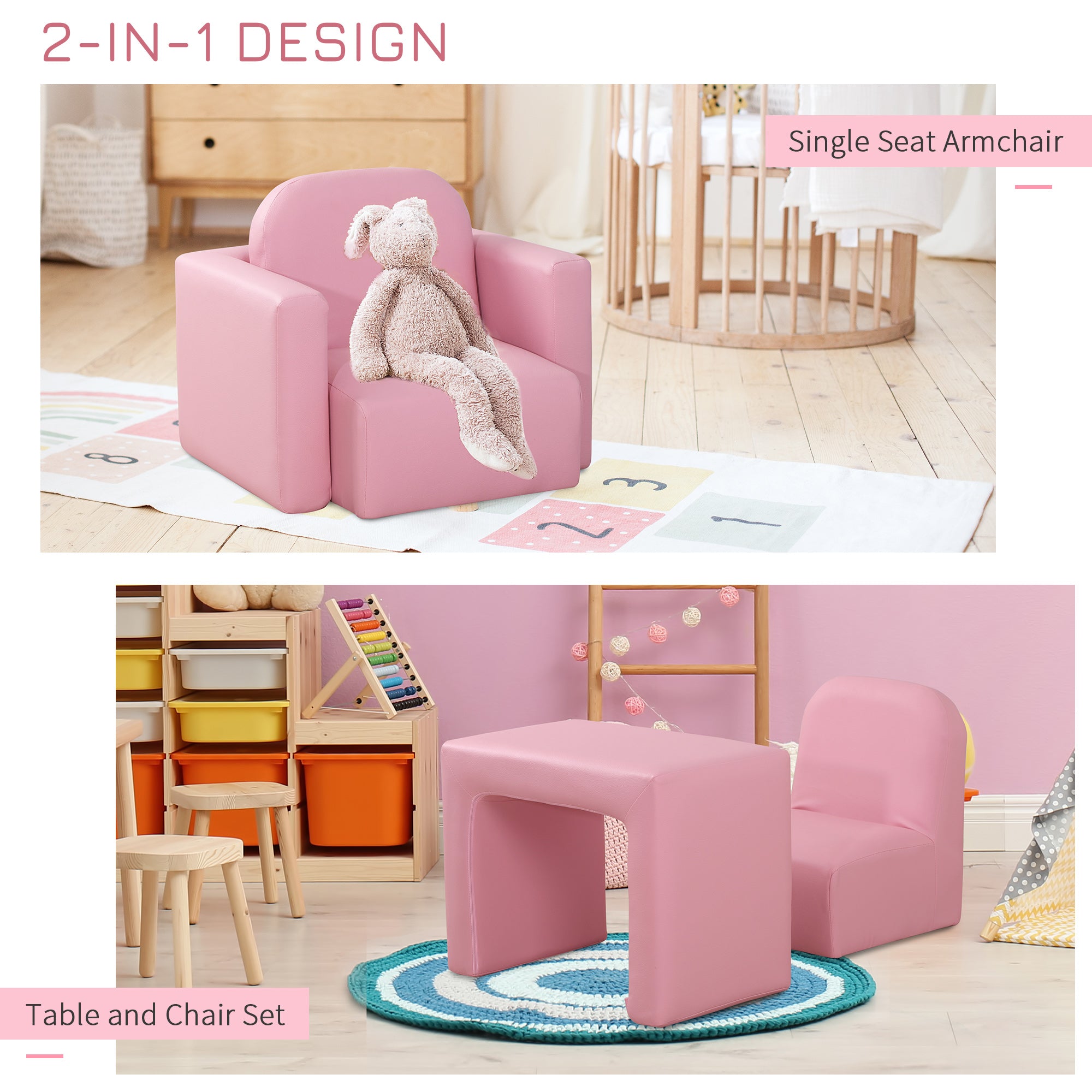 HOMCOM 2 In 1 Toddler Sofa Chair, 48 x 44 x 41 cm, for Game Relax Playroom, Pink - North Peak Garden Furniture