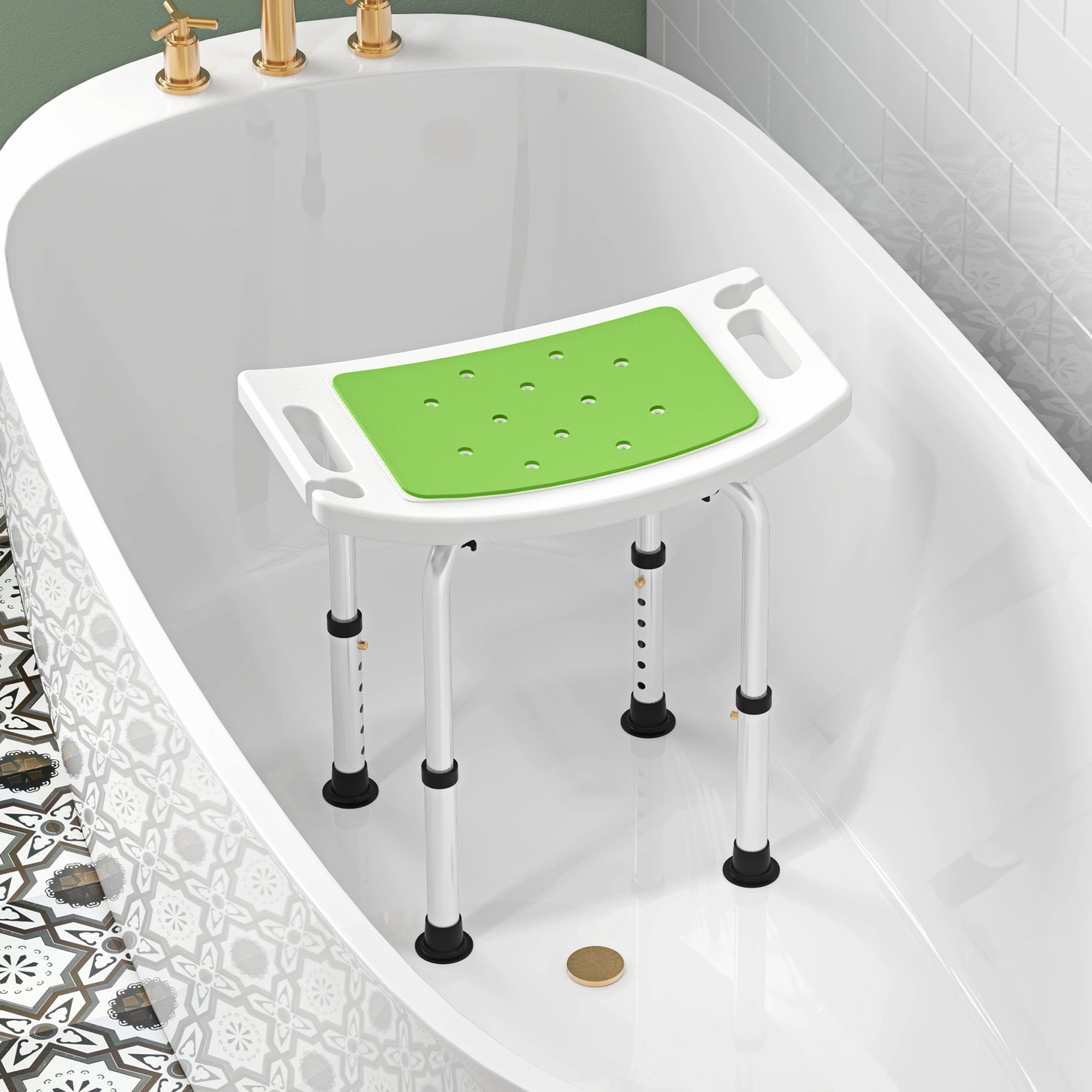 HOMCOM 6-Level Height Adjustable Aluminium Bath Room Stool Chair Shower Non-Slip Design w/ Padded Seat Drainage Holes Foot Pad, Green - North Peak Garden Furniture