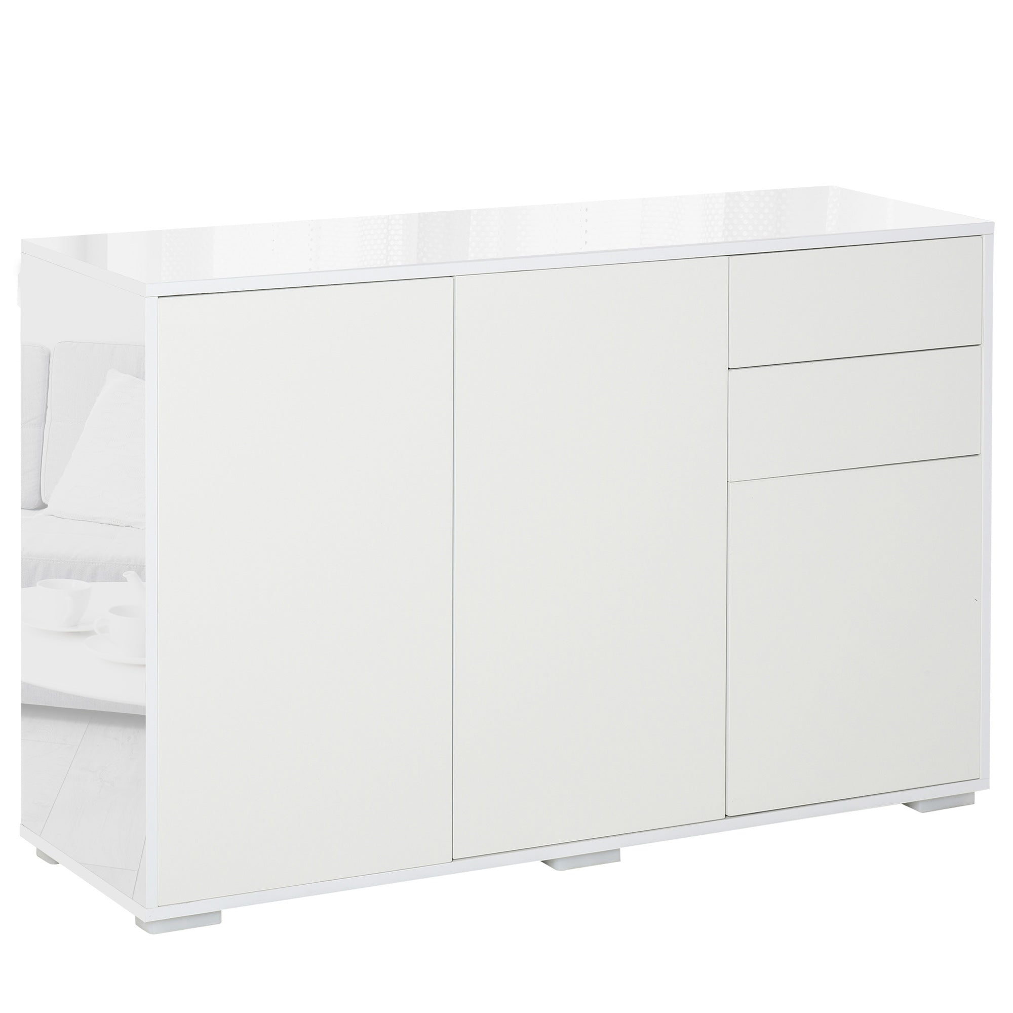 HOMCOM High Gloss Frame Sideboard, Side Cabinet, Push-Open Design with 2 Drawer for Living Room, Bedroom, White - North Peak Garden Furniture