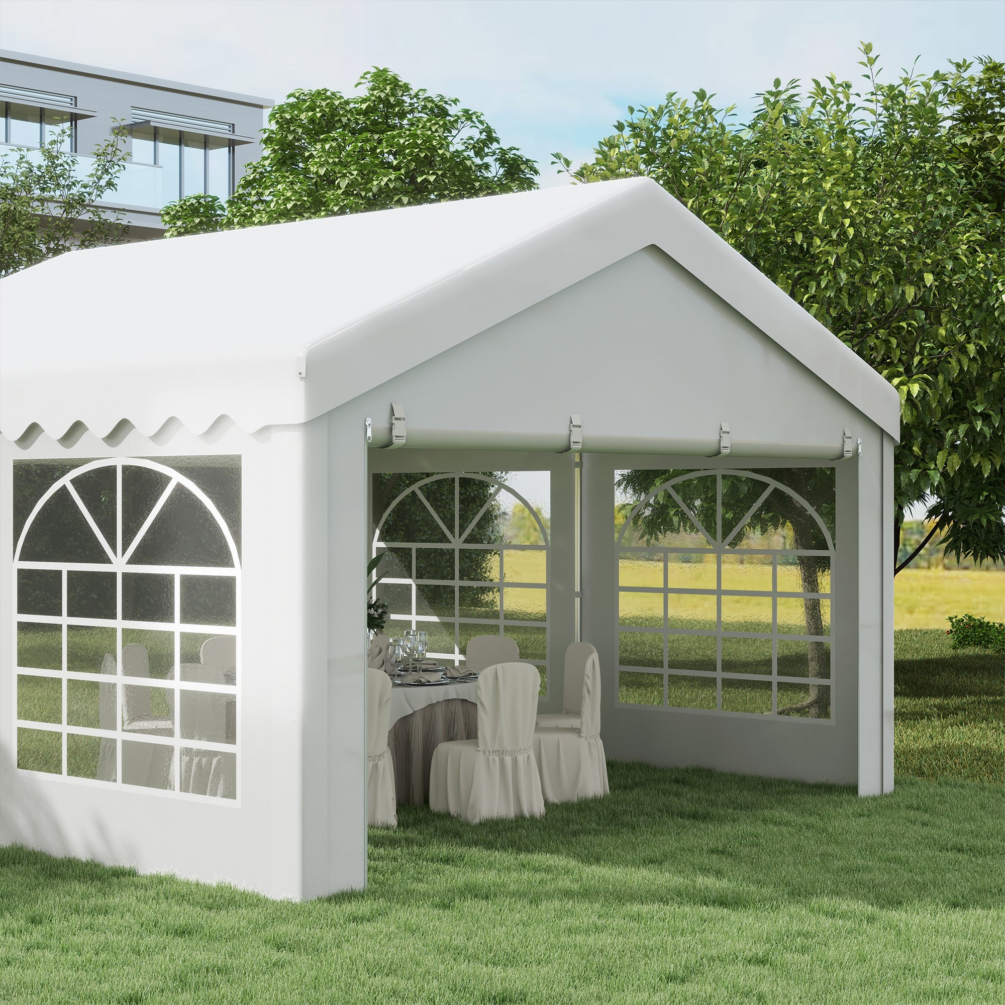 Outsunny 4m x 4 m Garden Gazebo Portable Carport Shelter with Removable Sidewalls & Double Doors, Heavy Duty Party Tent Car Canopy - North Peak Garden Furniture
