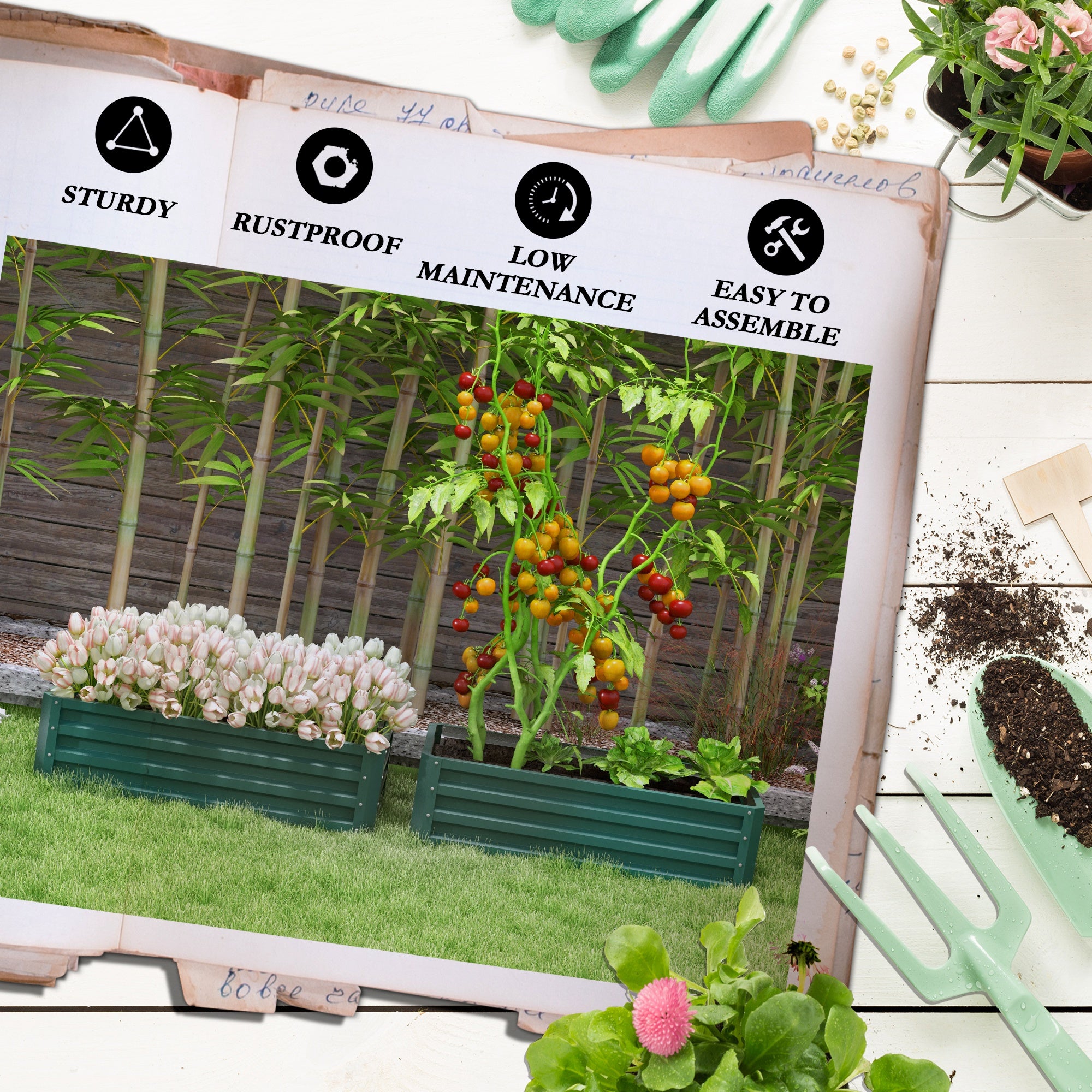 Outsunny Steel Raised Beds for Garden, Outdoor Planter Box, Set of 2, for Flowers, Herbs and Vegetables, Green - North Peak Garden Furniture