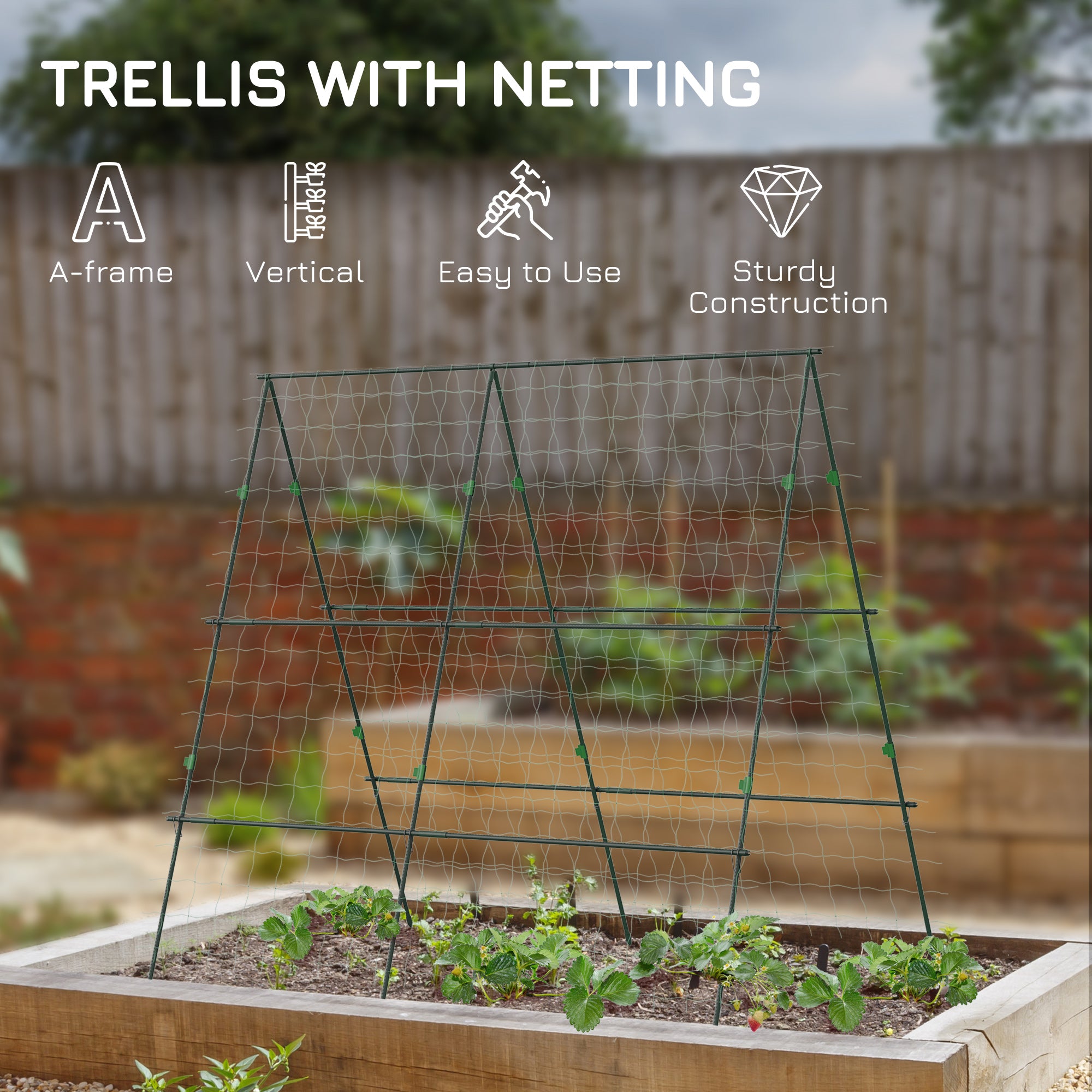 Outsunny Garden Cucumber Trellis for Climbing Plants, A-Frame Trellis Plant Support with Climbing Net, DIY Adjustable Cucumber Support Frame for Raised Bed, Vegetables, Flowers, Fruit, Green
