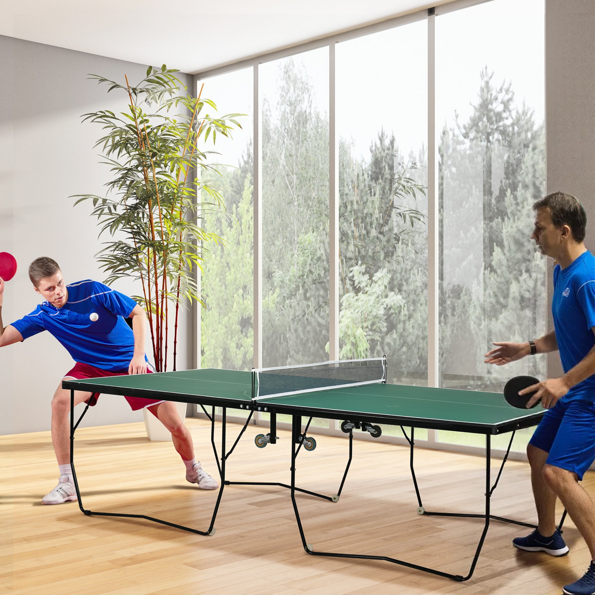 SPORTNOW 9FT Folding Table Tennis Table, with 8 Wheels, for Indoor Use - Green - North Peak Garden Furniture