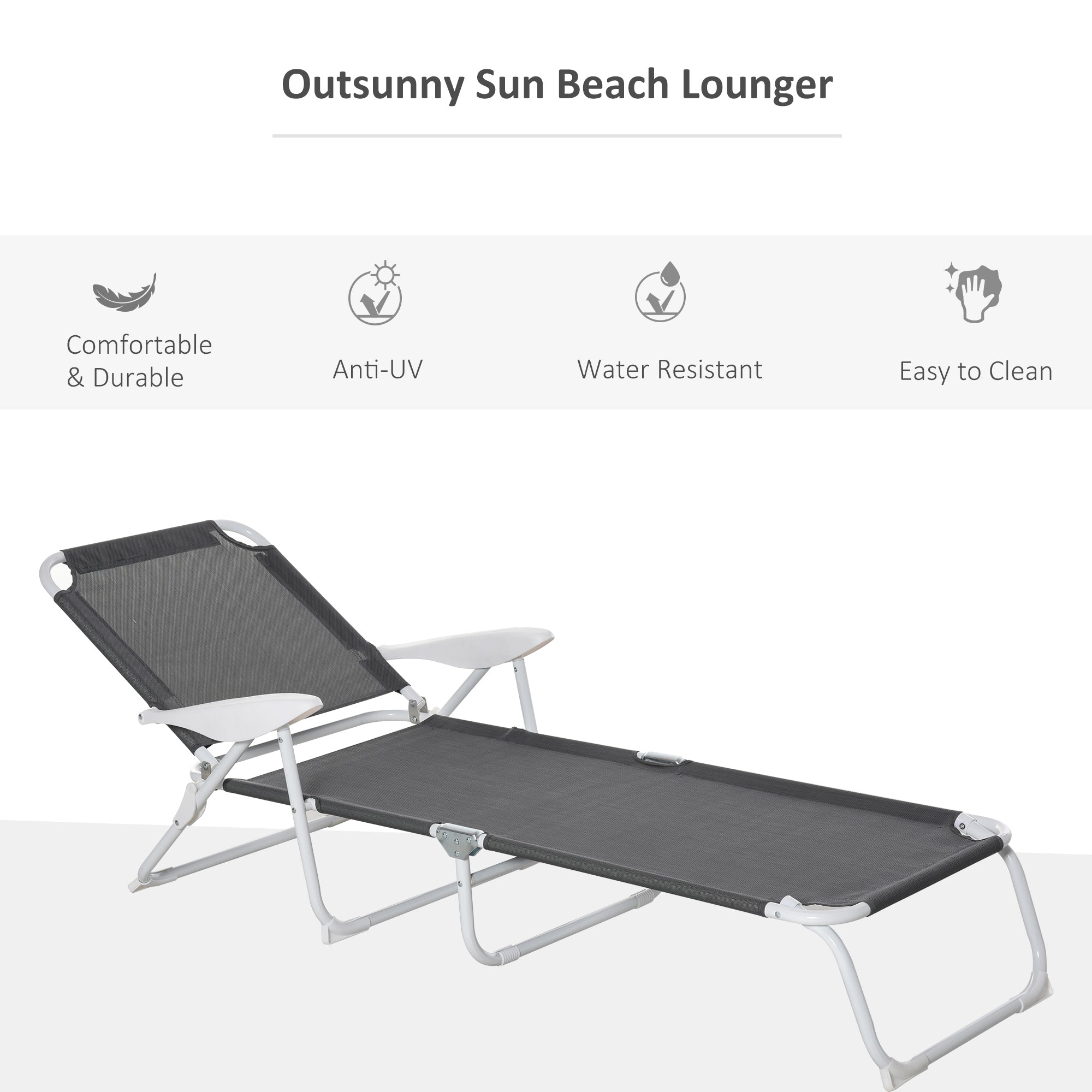 Outsunny Foldable Sun Lounger, Outdoor 4 Level Adjustable Backrest Reclining Lounge Chair with Armrests for Patio, Garden, Dark Grey - North Peak Garden Furniture