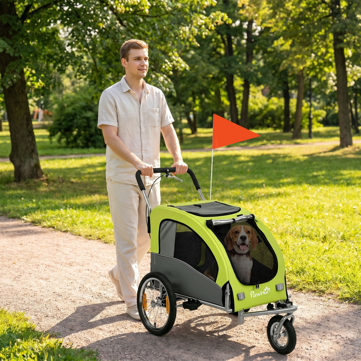 PawHut 2 in 1 Dog Bike Trailer, Foldable Pet Stroller, Dog Bicycle Trailer with Suspension, for Medium Dogs up to 20kg, Green