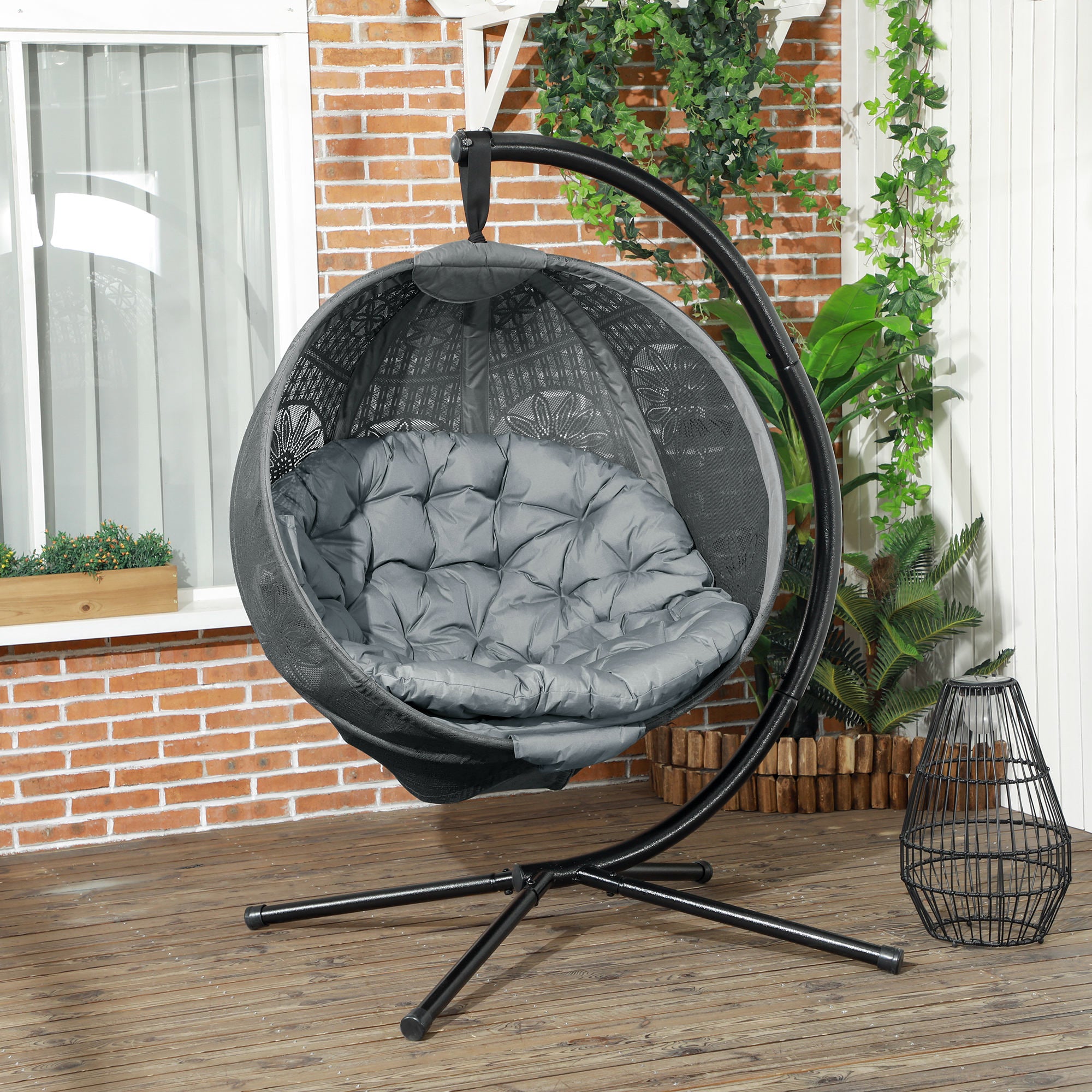 Outsunny Round Egg Basket Chair, with Steel Stand, Charcoal Grey - North Peak Garden Furniture