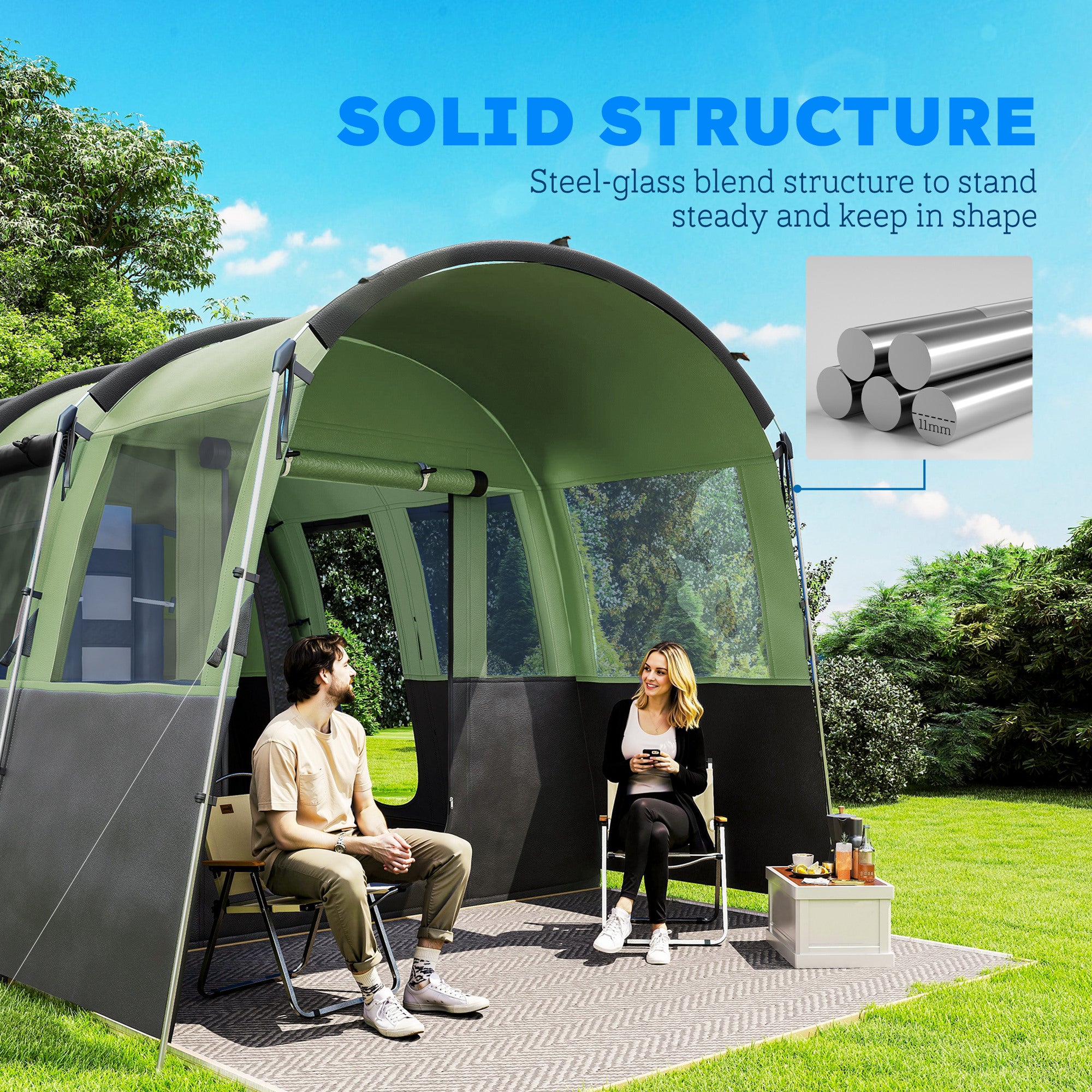 Outsunny 8-Person Camping Tent, Waterproof Family Tent, Tunnel Design, 4 Large Windows, Sleeping Cabins 3000mm Water Column Green - North Peak Garden Furniture
