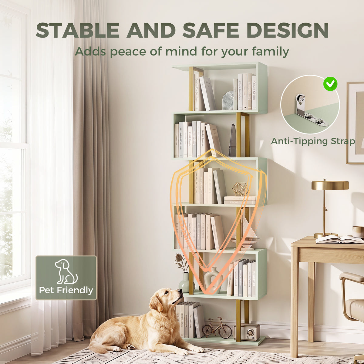 HOMCOM S-Shaped Bookshelf, 6-Tier Bookcase, Freestanding Storage Shelves with Anti-Tip Strap for Living Room, Light Green