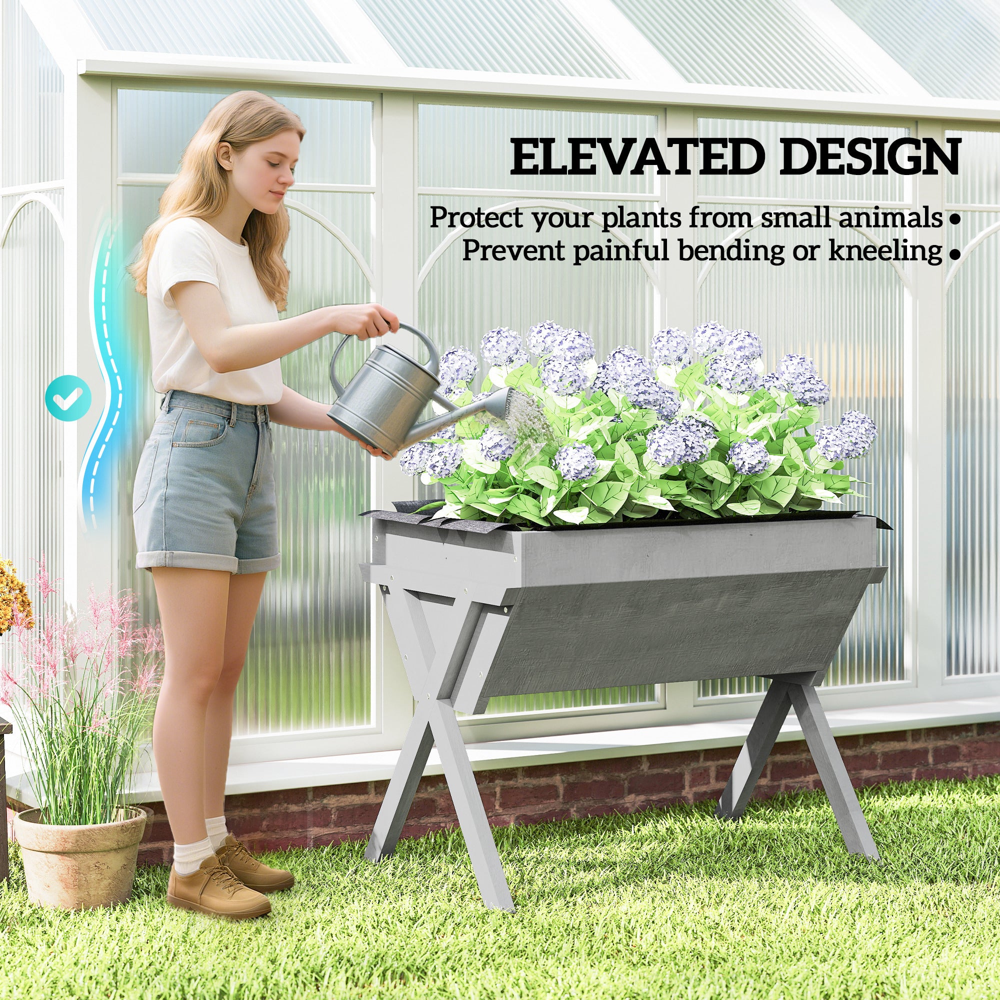 Outsunny Wooden Raised Garden Bed with Bed Liner, Elevated Planter Box with Legs, Light Grey