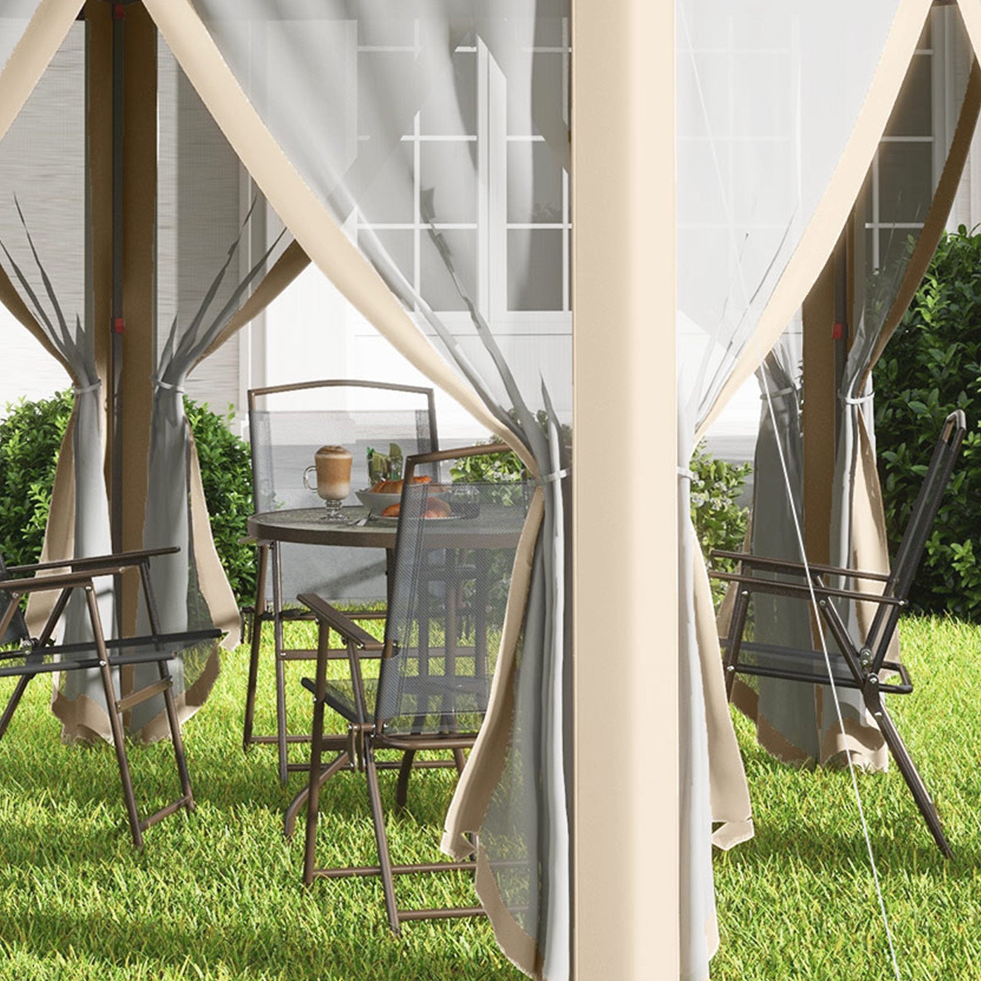 Outsunny Hexagon Pop Up Gazebo Outdoor Patio Gazebo Double Roof Instant Shelter with Netting, 3 x 4m, Khaki - North Peak Garden Furniture