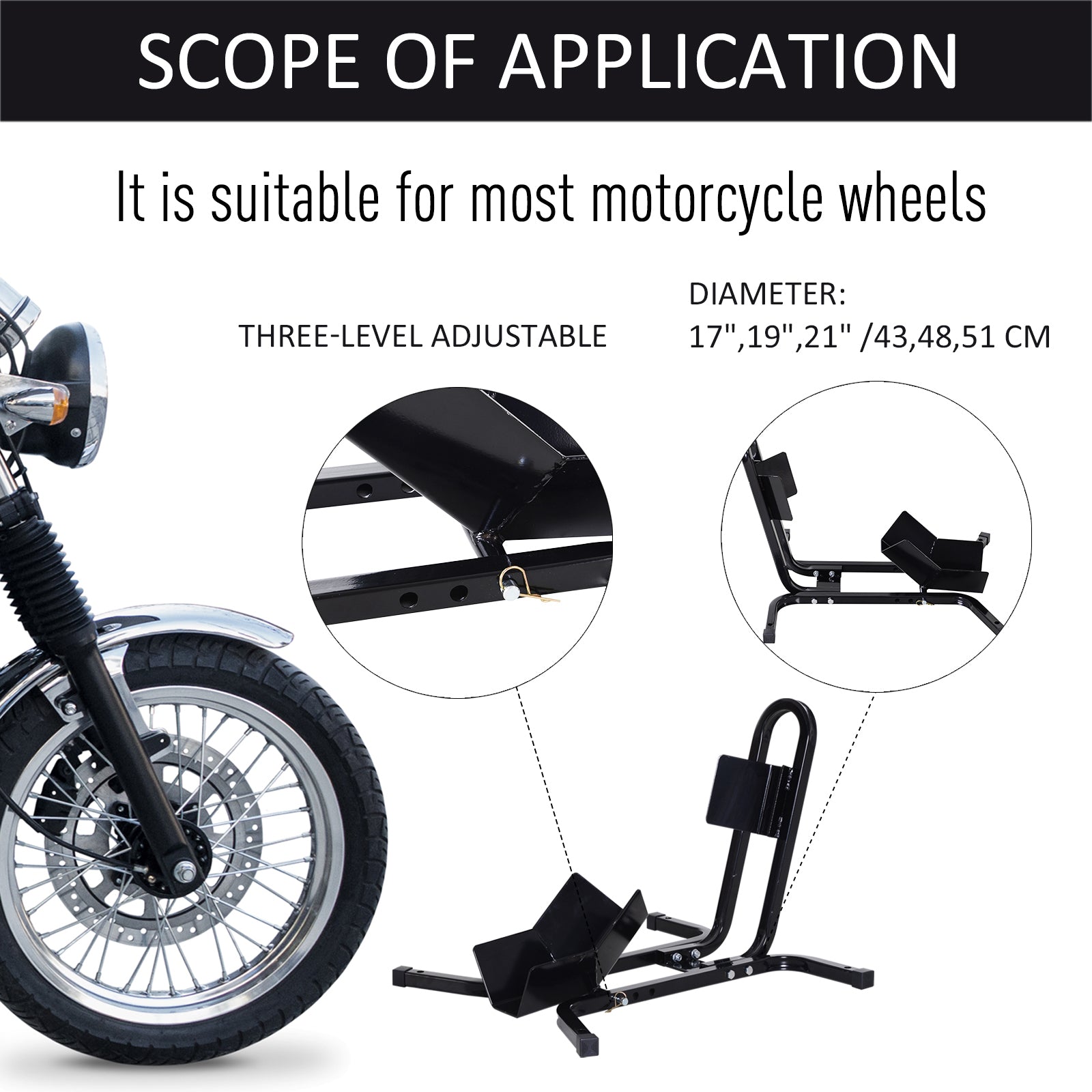 HOMCOM Metal Motorcycle Motorbike Wheel Chock Locking Stand System 17”,19”,21”/43,48,51 Cm Front Wheels Steel Adjustable Fixing Tyre Holder Support - North Peak Garden Furniture