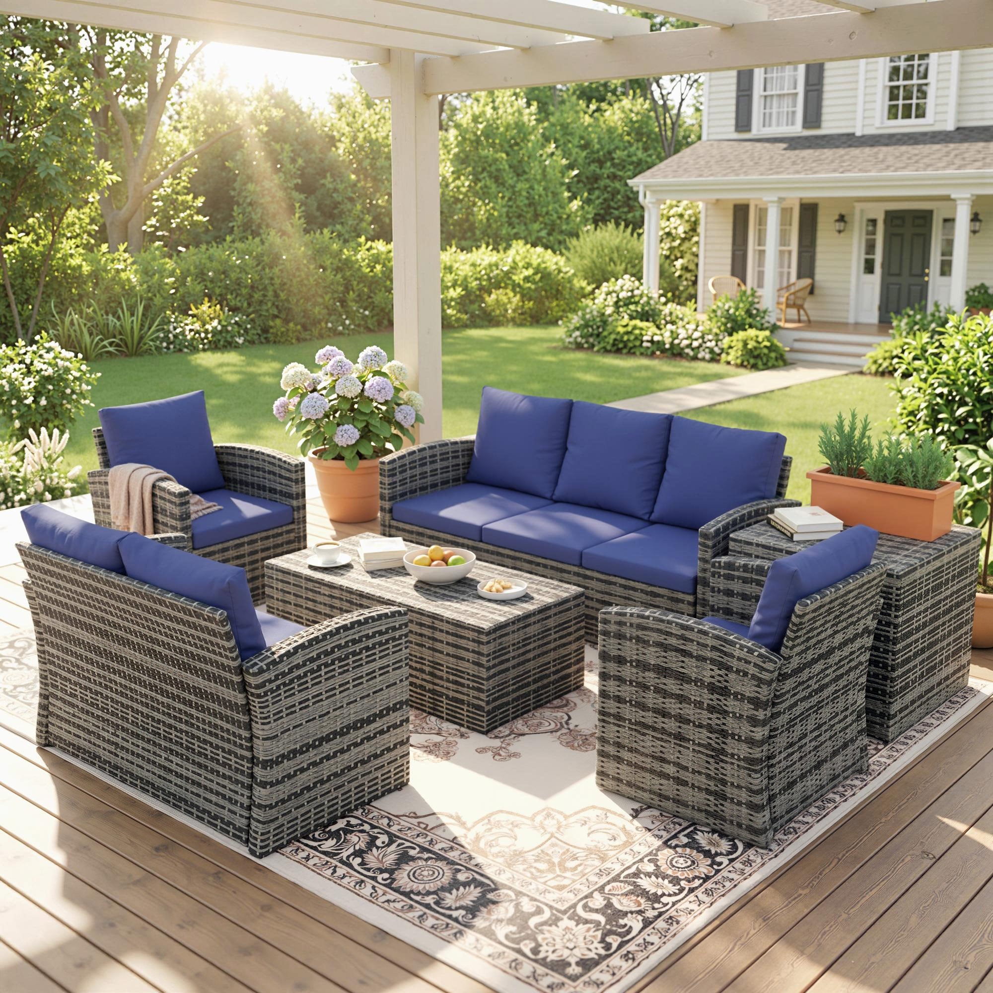 Outsunny 6 Pieces Rattan Garden Furniture Set, 7 Seater Wicker Outdoor Furniture Set with Storage Tea Table & Side Table, Sectional Garden Sofa Set with Cushions, Navy Blue