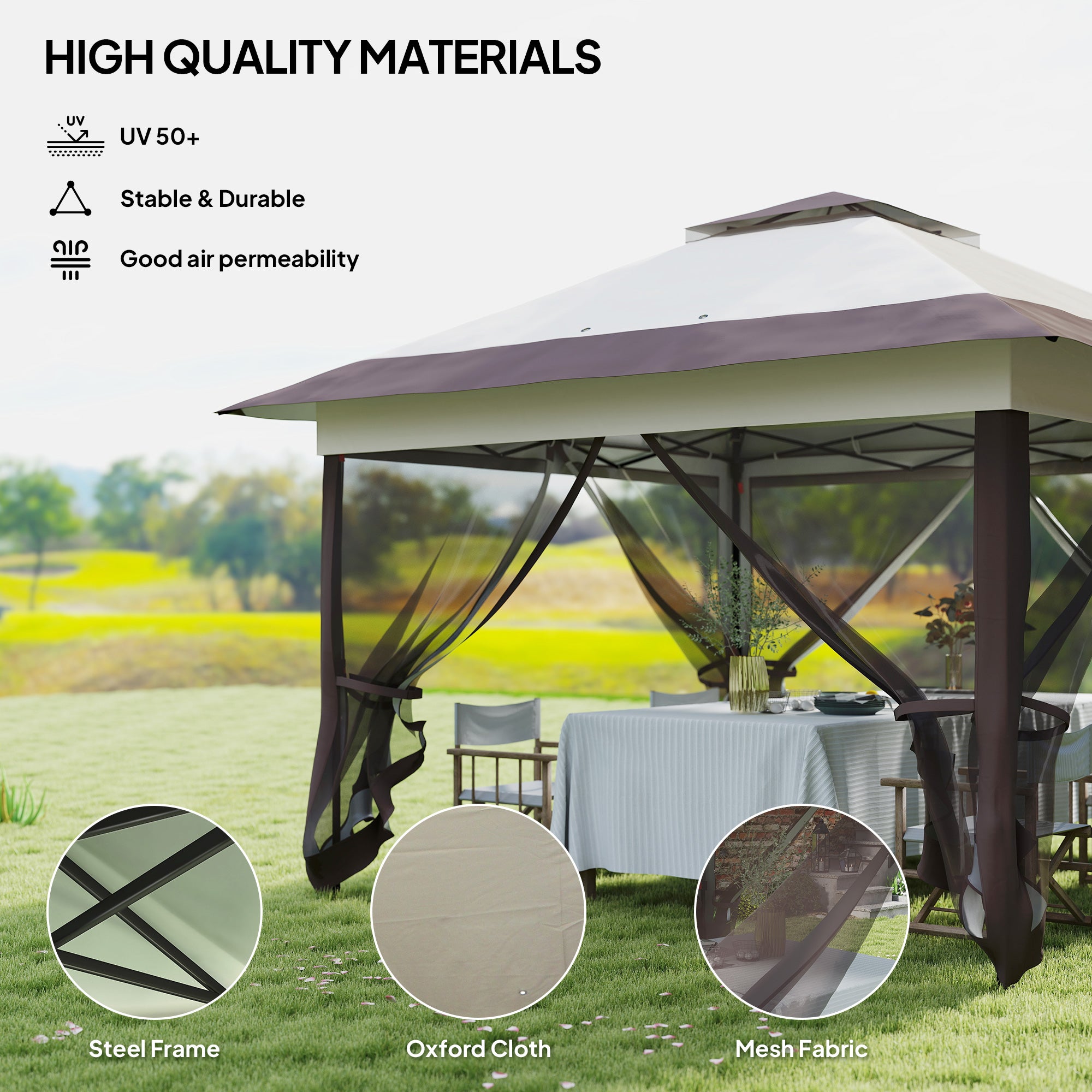 Outsunny 3.6 x 3.6 m Pop up Gazebo with Netting, Height Adjustable Party Tent Instant Canopy Sun Shade Shelter, Khaki - North Peak Garden Furniture