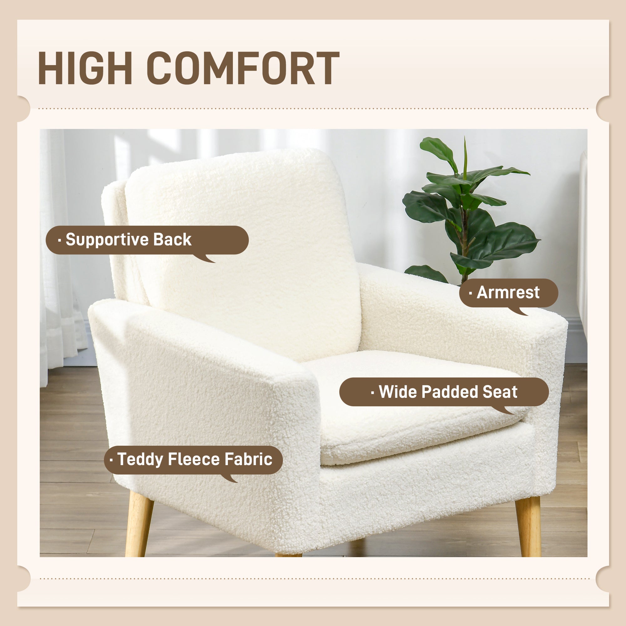 HOMCOM Armchair, Upholstered Accent Chair with Wood Legs and Wide Padded Seat, Teddy Occasional Chair, Cream White - North Peak Garden Furniture