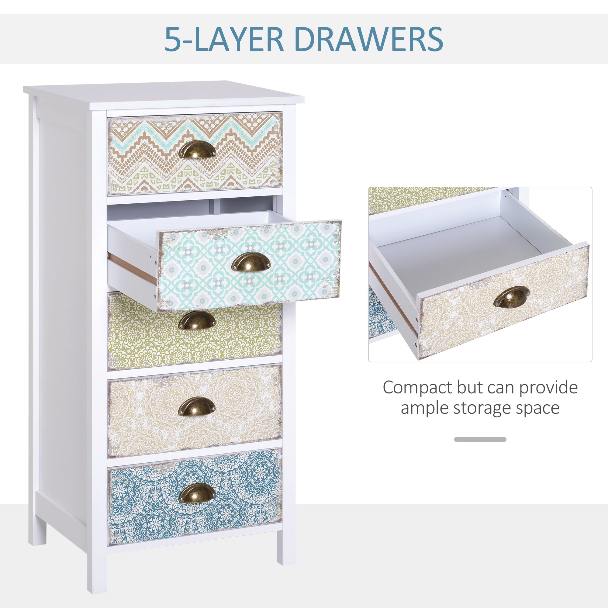 HOMCOM Chest of 5 Drawers Bedside Cabinet Side Storage Chest Entryway Living Room Bedroom Furniture Organizer Unit - North Peak Garden Furniture