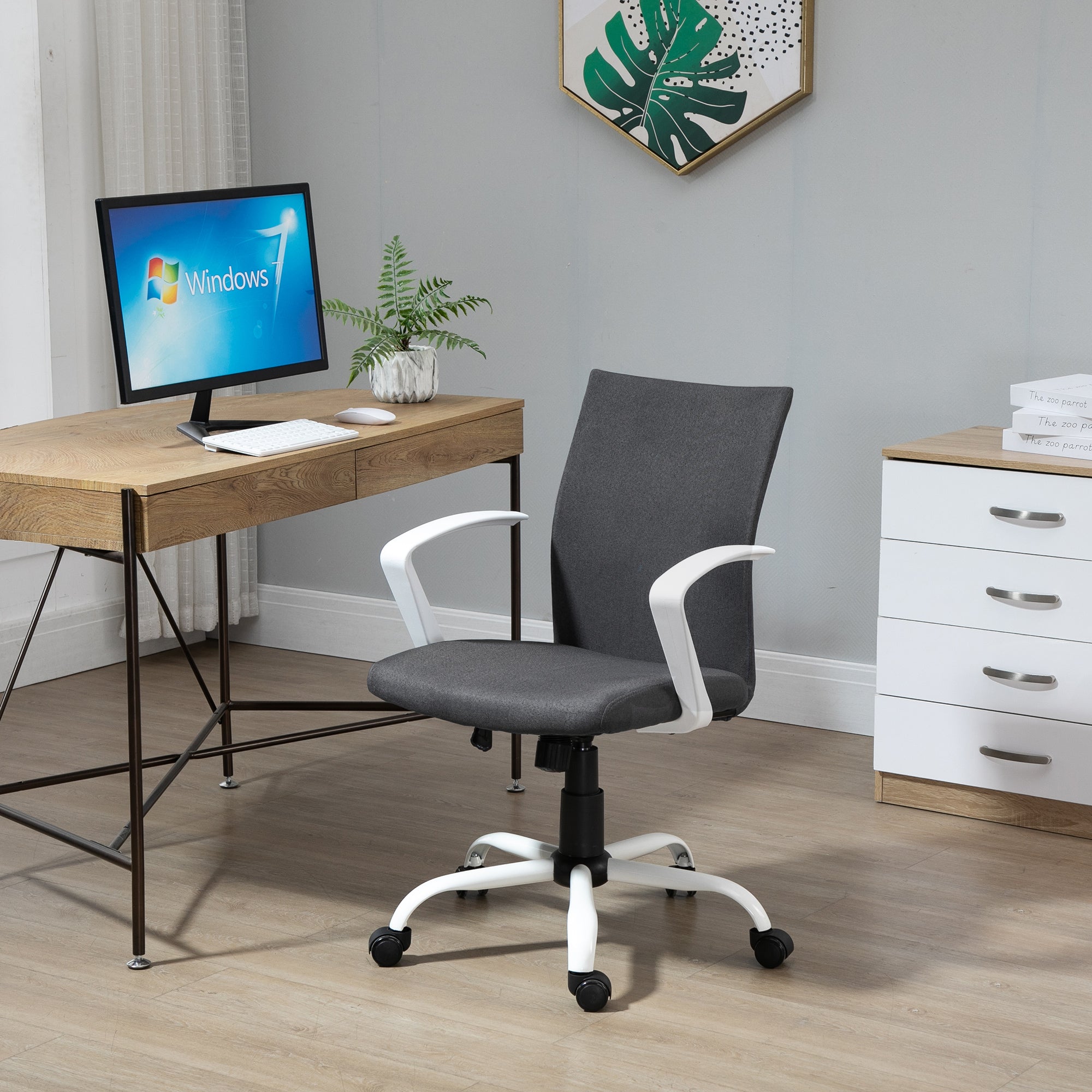 Vinsetto Office Chair Linen Swivel Computer Desk Chair Home Study Task Chair with Wheels, Arm, Adjustable Height, Dark Grey - North Peak Garden Furniture