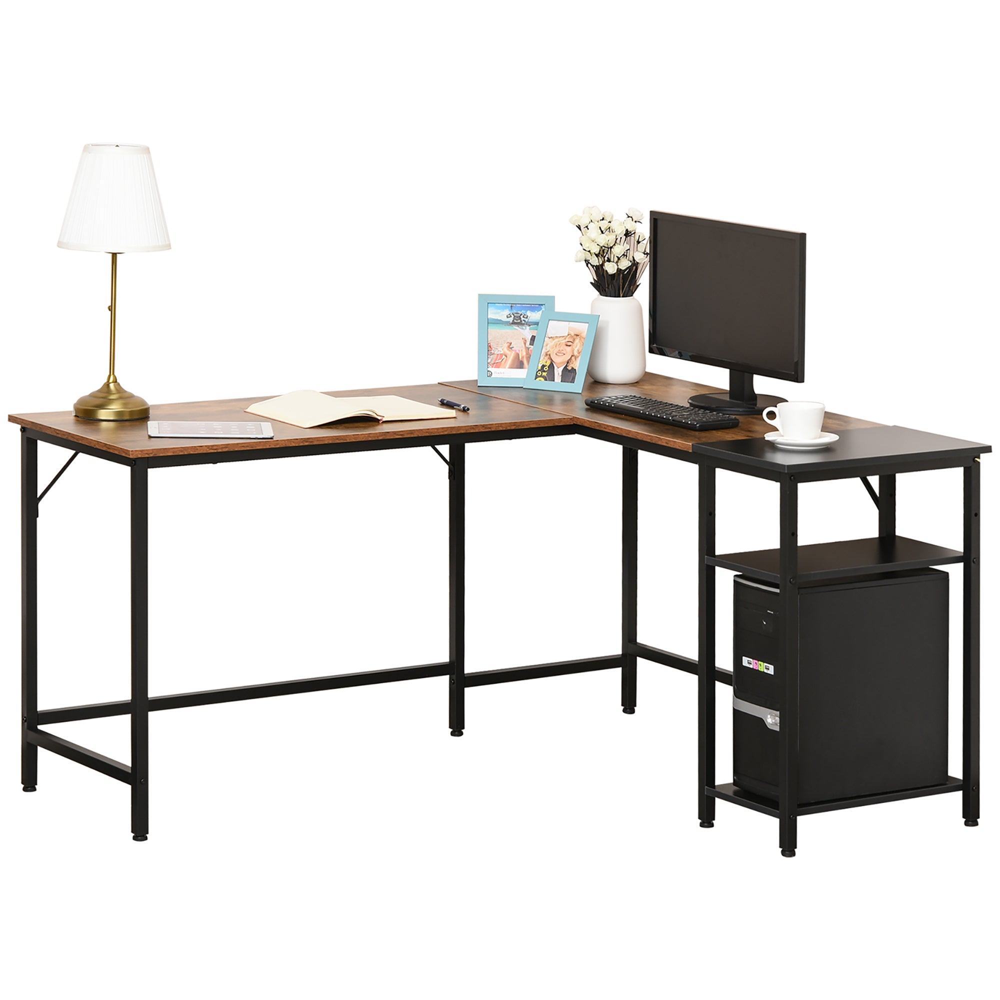 HOMCOM L-Shaped Computer Desk Industrial Corner Writing Desk with Adjustable Storage Shelf Space-Saving Home Office Workstation 150 x 120 x 75 cm Rustic Brown - North Peak Garden Furniture