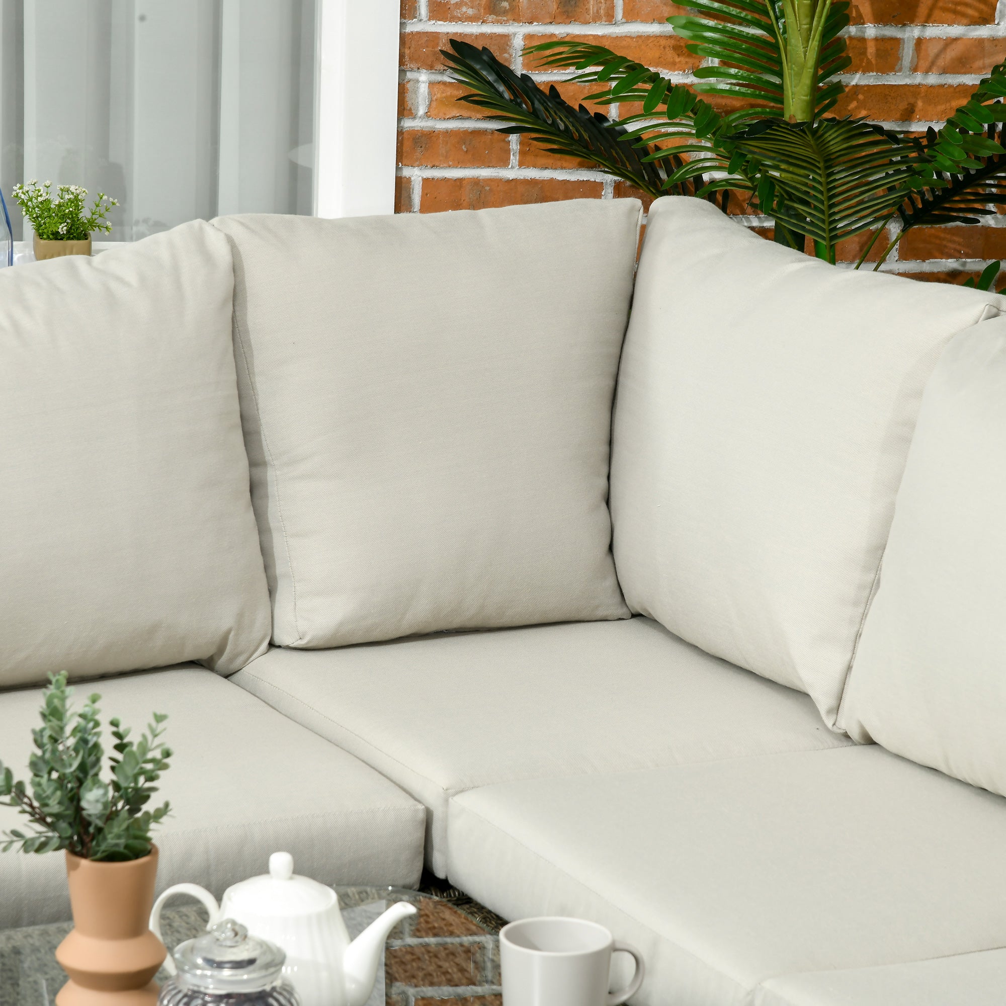 Outsunny 5 Pieces Outdoor Rattan Corner Sofa, Round and Twin Half-round Wicker Woven Rattan Garden Furniture w/ Thick Padded Cushions and Tempered Glass Top Two-tier Table, Grey - North Peak Garden Furniture