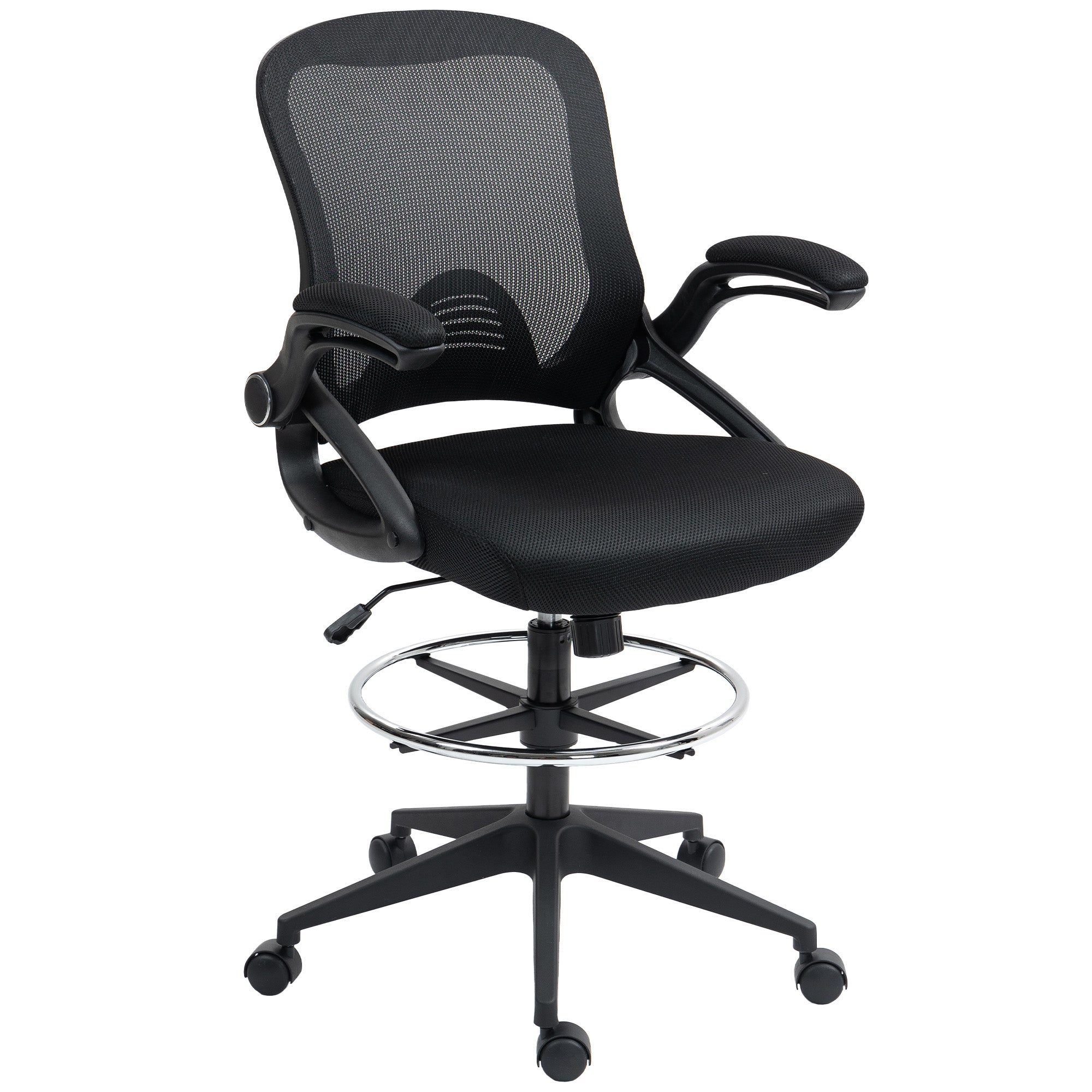 Vinsetto Drafting Chair with Flip-up Armrest, Mesh Office Stool with Foot Ring, 360° Swivel Height Adjustable Chair for Standing Desk, Black - North Peak Garden Furniture