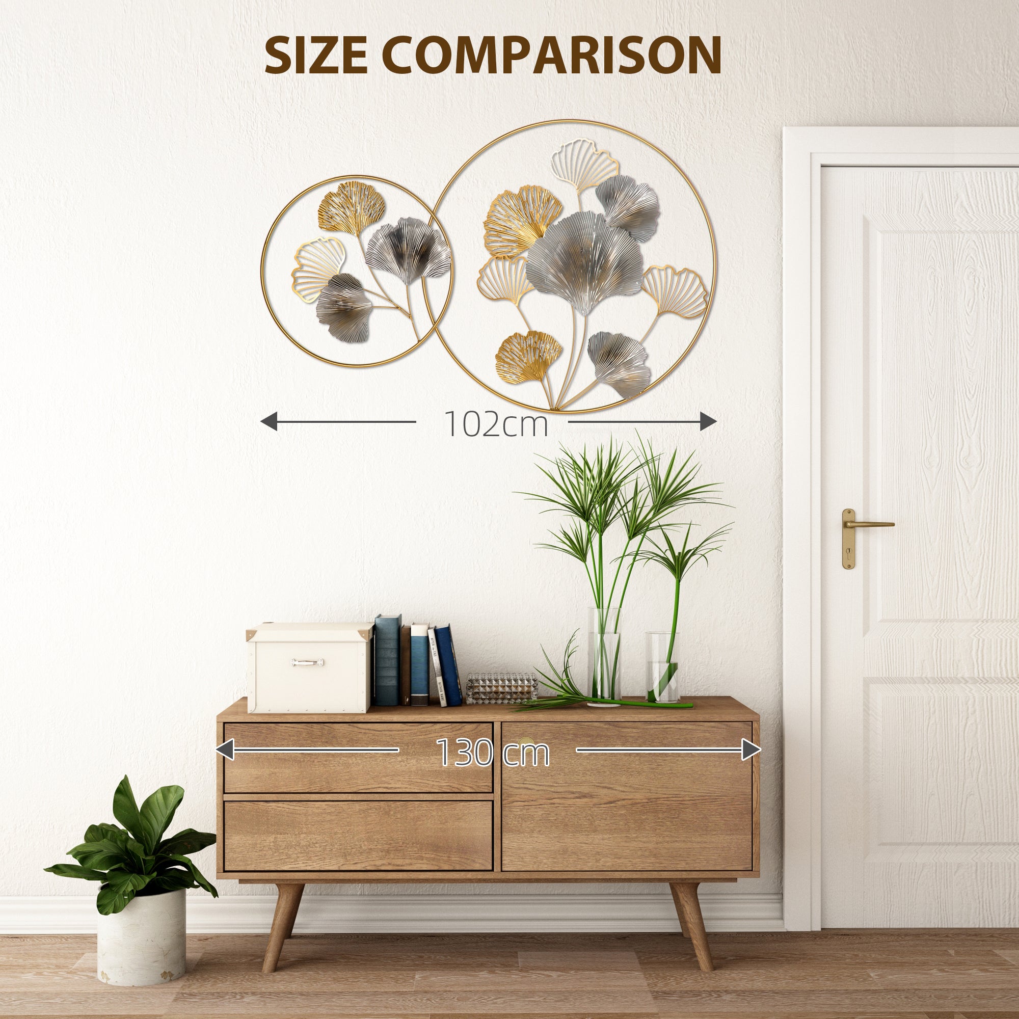 HOMCOM 3D Metal Wall Art Modern Ginkgo Leaves Hanging Wall Sculptures Home Decor for Living Room Bedroom Dining Room, Gold - North Peak Garden Furniture