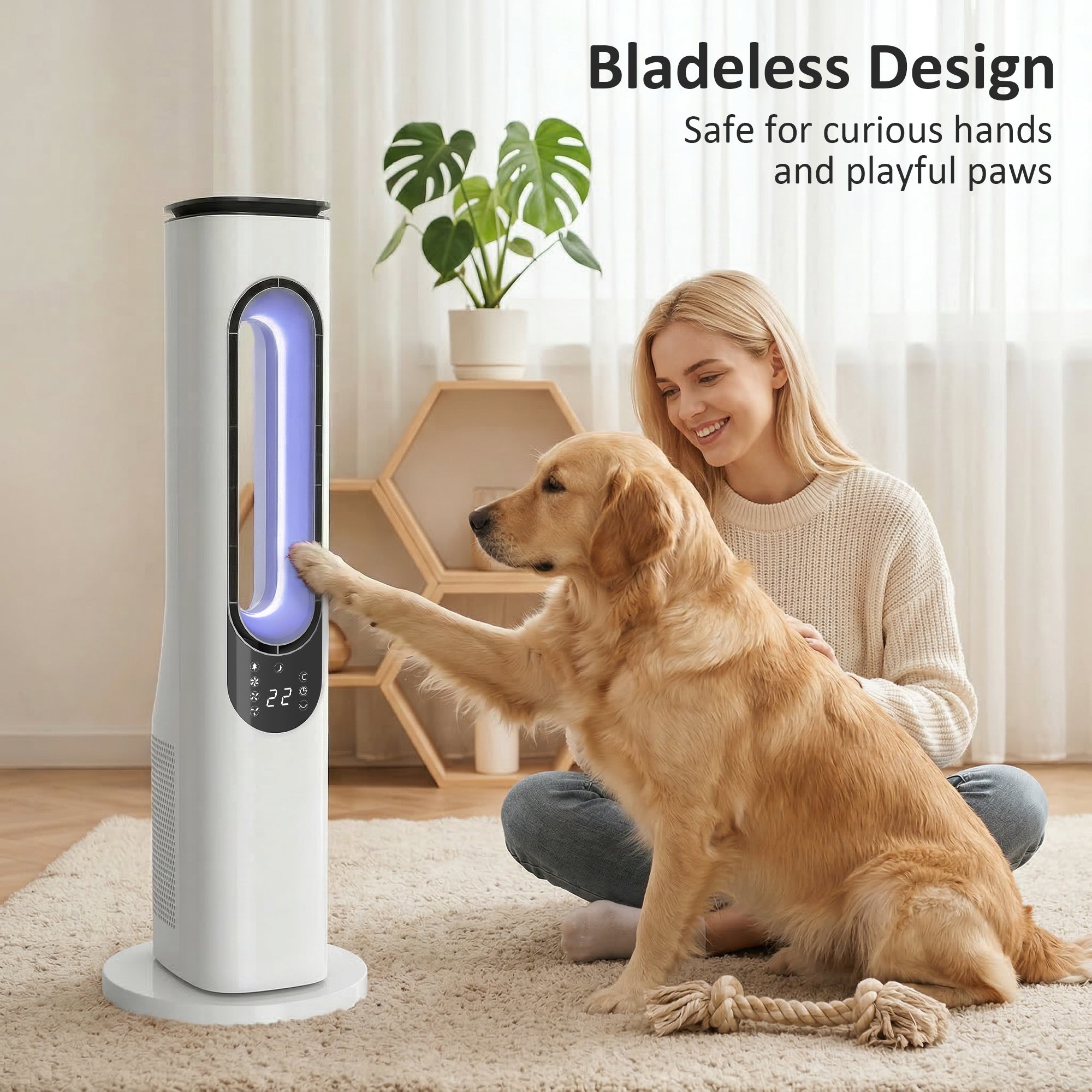 HOMCOM Bladeless Tower Fan for Bedroom, 35dB Standing Cooling Fan with 50° Oscillating, LED Lights, 3 Speeds, 15H Timer, White