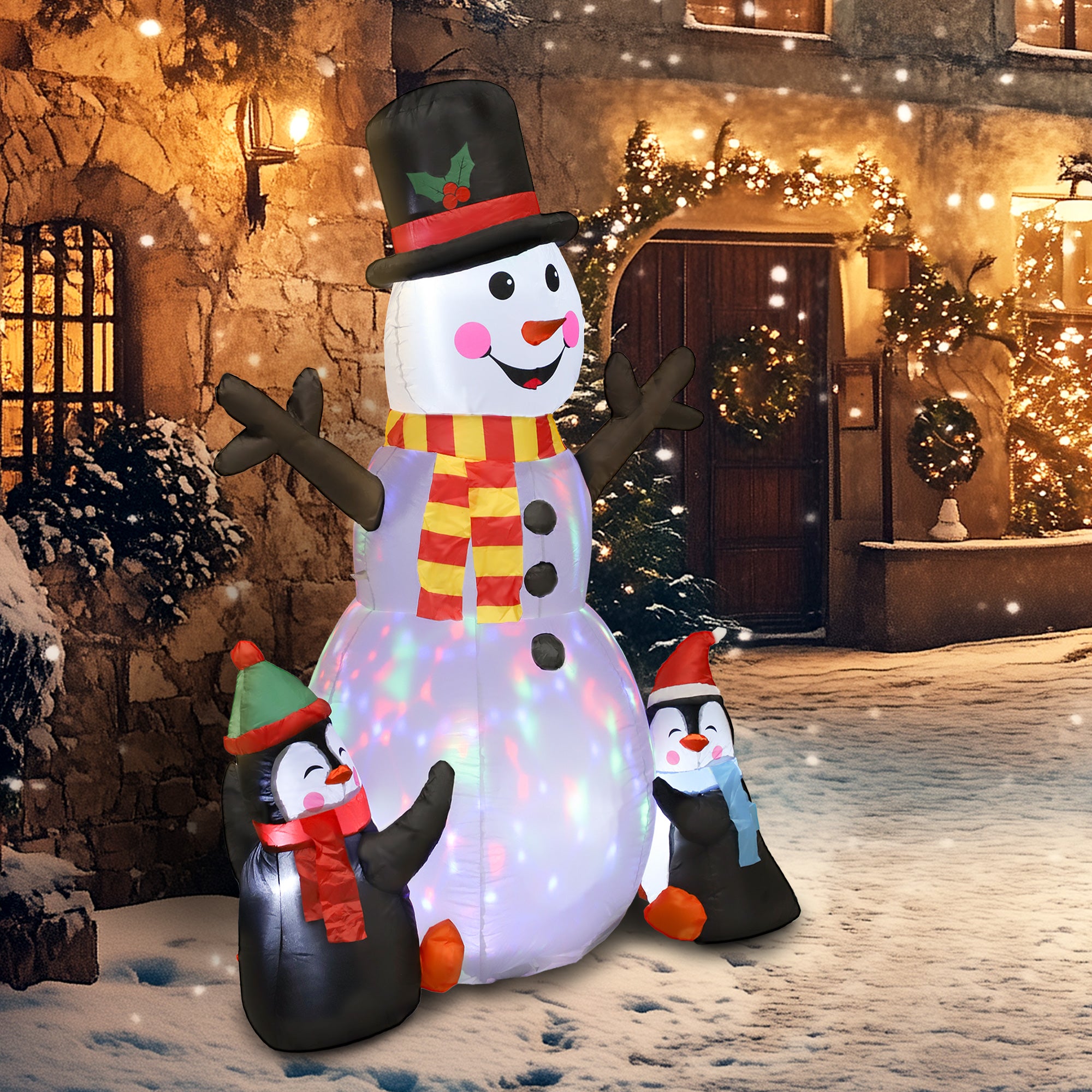 Outsunny 6FT Christmas Inflatables Snowman & Penguins with Built-in LED Lights and Flashing Projector Light, Blow Up Christmas Inflatable Decoration for Indoor Outdoor Decor, Garden