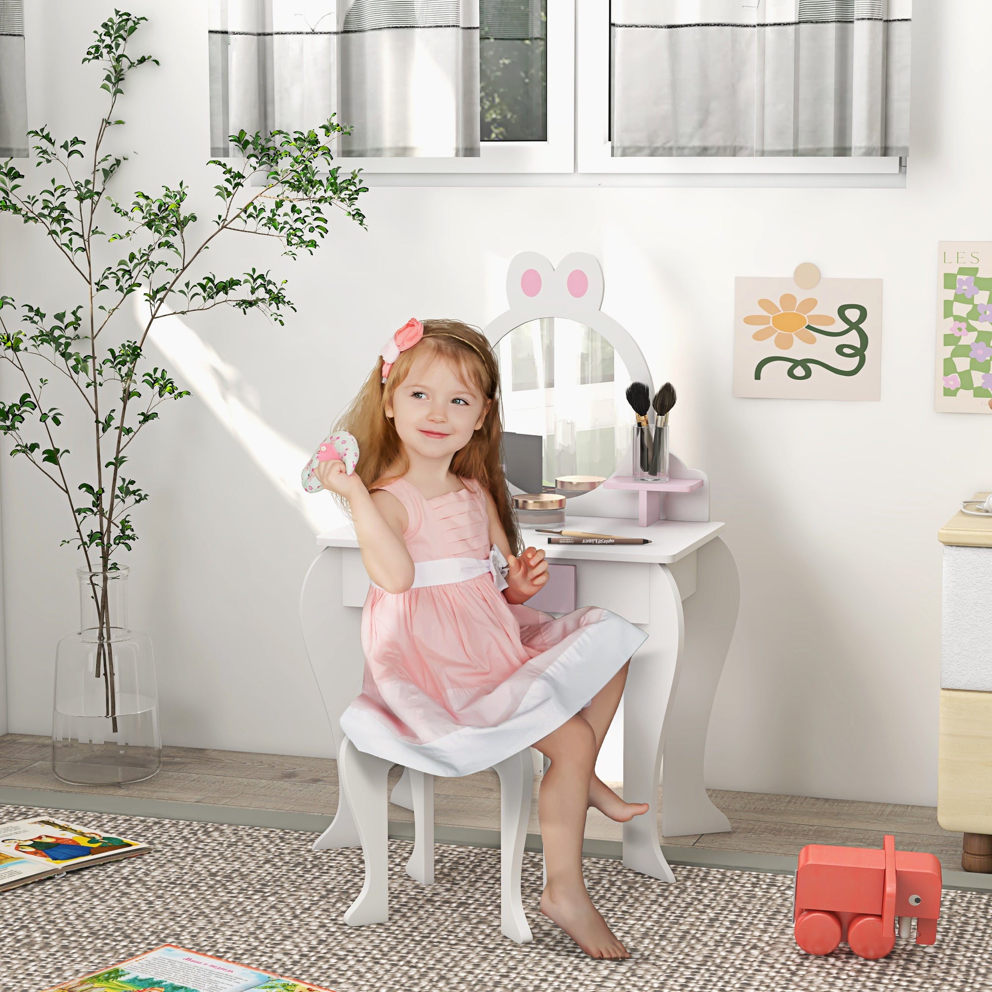 ZONEKIZ Bunny-Design Kids Dressing Table, with Mirror and Stool - White and Pink - North Peak Garden Furniture