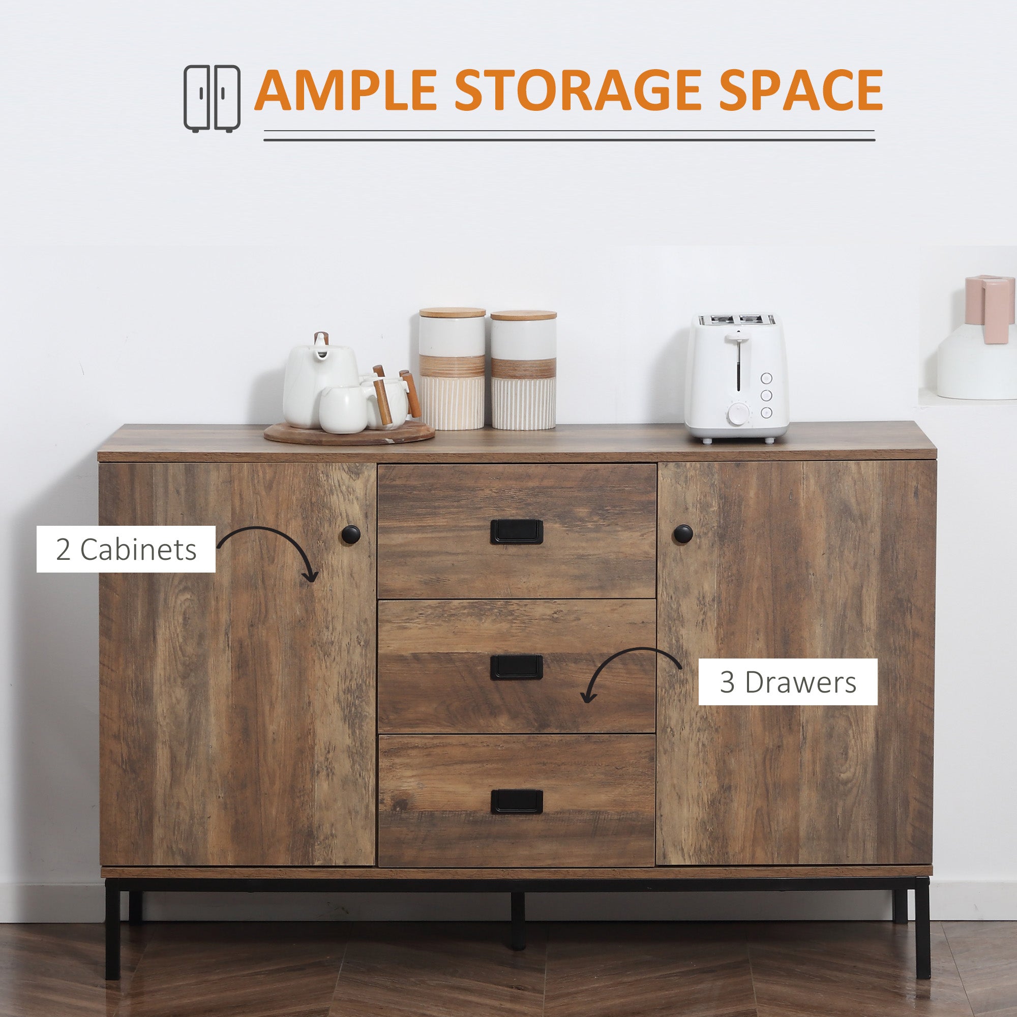 HOMCOM Industrial Sideboard, Storage Cabinet, Accent Cupboard with Drawers, Adjustable Shelves for Kitchen, Dining Room, Living Room, Distressed Brown - North Peak Garden Furniture