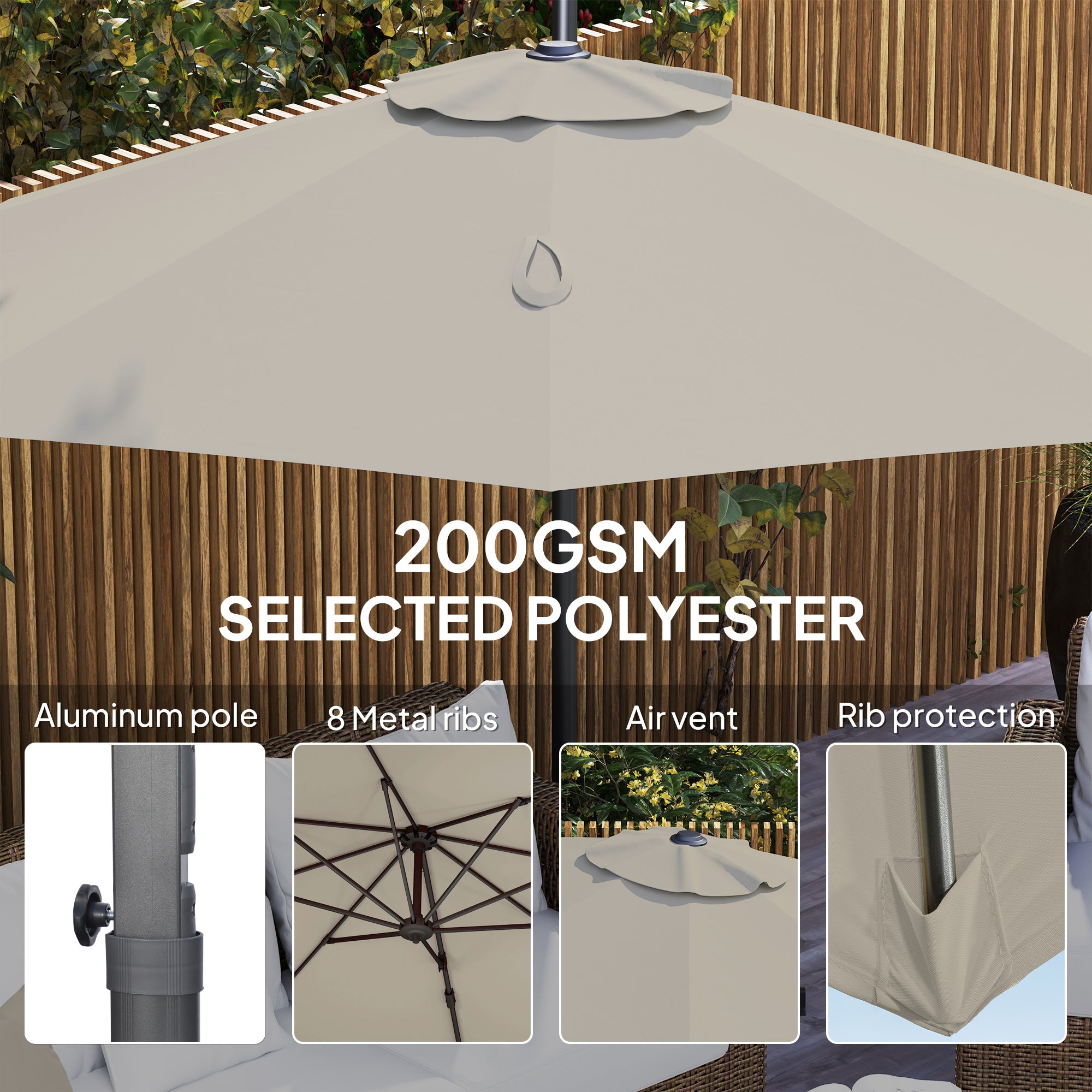 Outsunny 3 x 3(m) Cantilever Parasol with Cross Base, Garden Umbrella with 360° Rotation, Crank Handle and Tilt for Outdoor, Light Grey - North Peak Garden Furniture