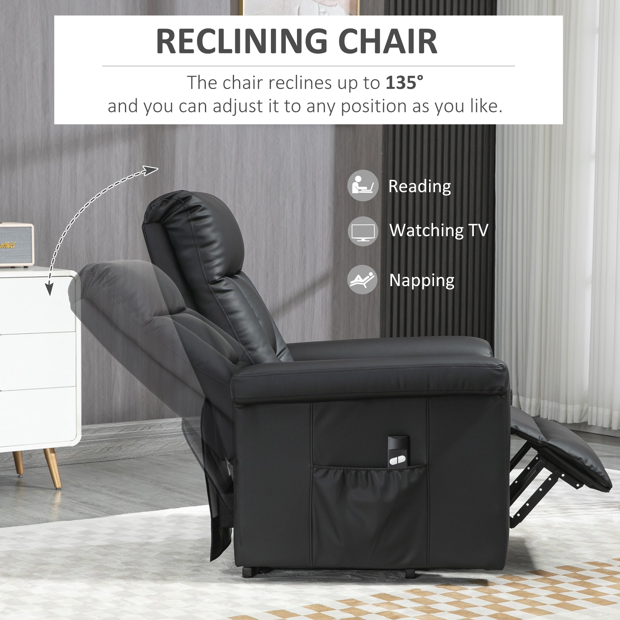 HOMCOM Power Lift Chair, PU Leather Recliner Sofa Chair for Elderly with Remote Control, Side Pocket, Black - North Peak Garden Furniture