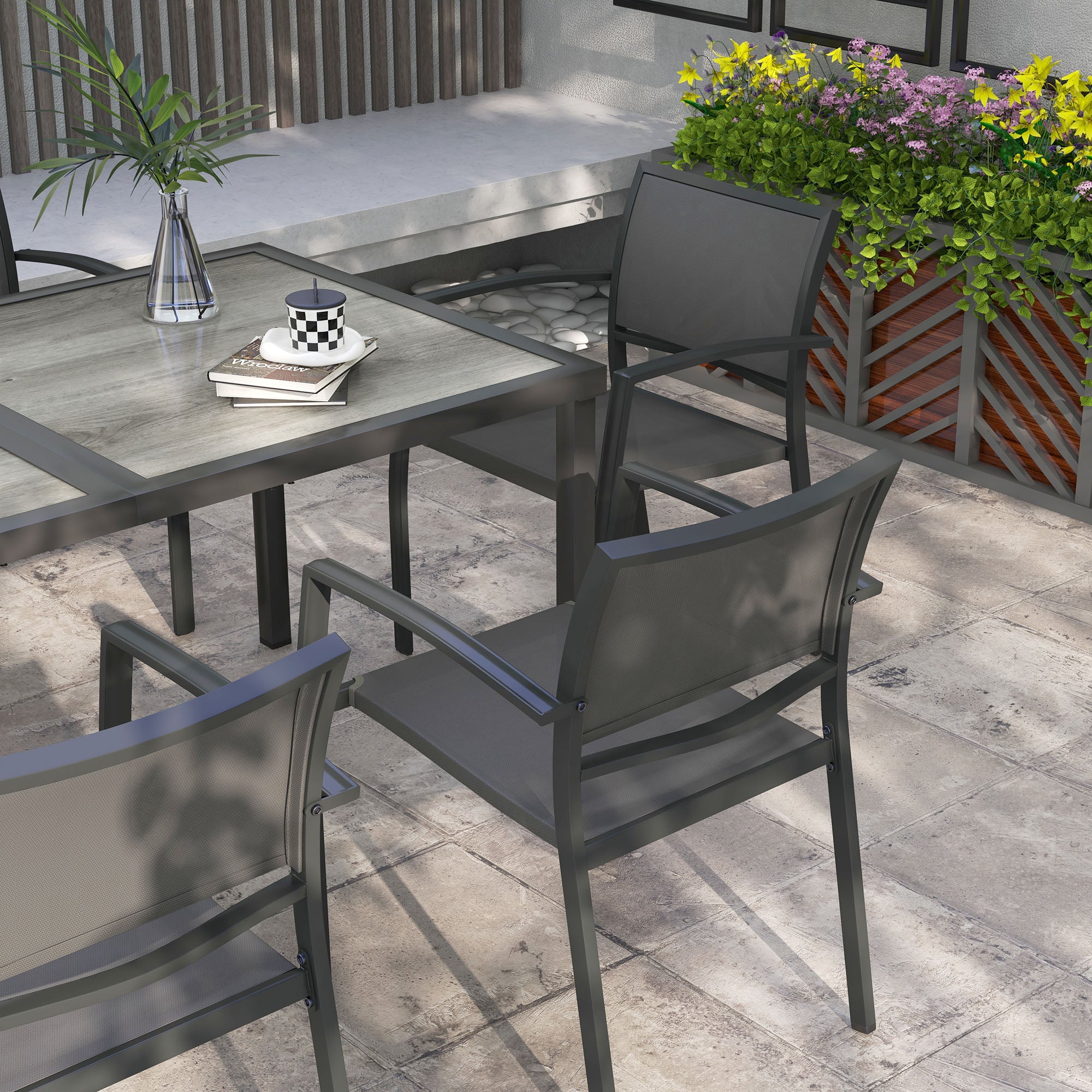Outsunny Seven-Piece Casual Outdoor Dining Set, with Wood-Effect Table - Grey - North Peak Garden Furniture