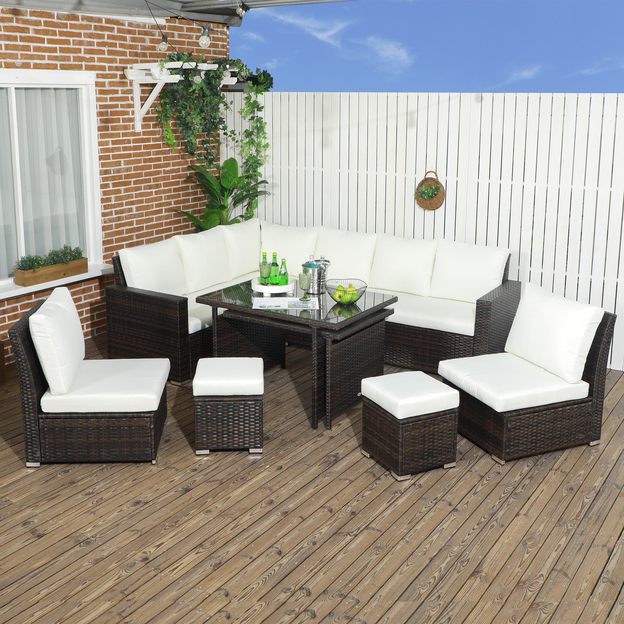 Outsunny Seven-Piece Rattan Garden Sofa Set, with Expanding Table - Cream White - North Peak Garden Furniture